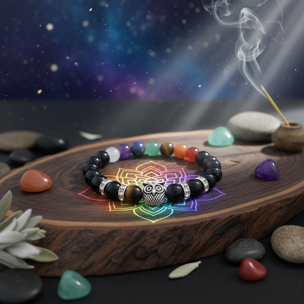 Chakra Stone Bracelet with Owl Charm Background