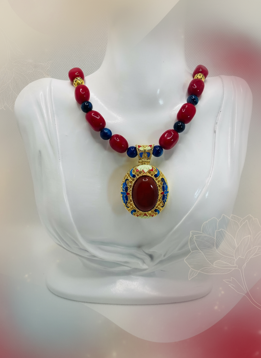 Chalcedony Pendant Red Jade Agate Gemstone Boho Necklace - Enhanced
