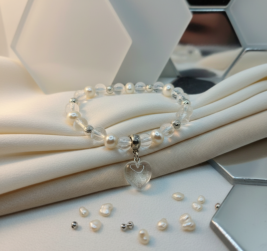 Clear Quartz Crystal Baroque Pearls Heart Charm Bracelet - Enhanced
