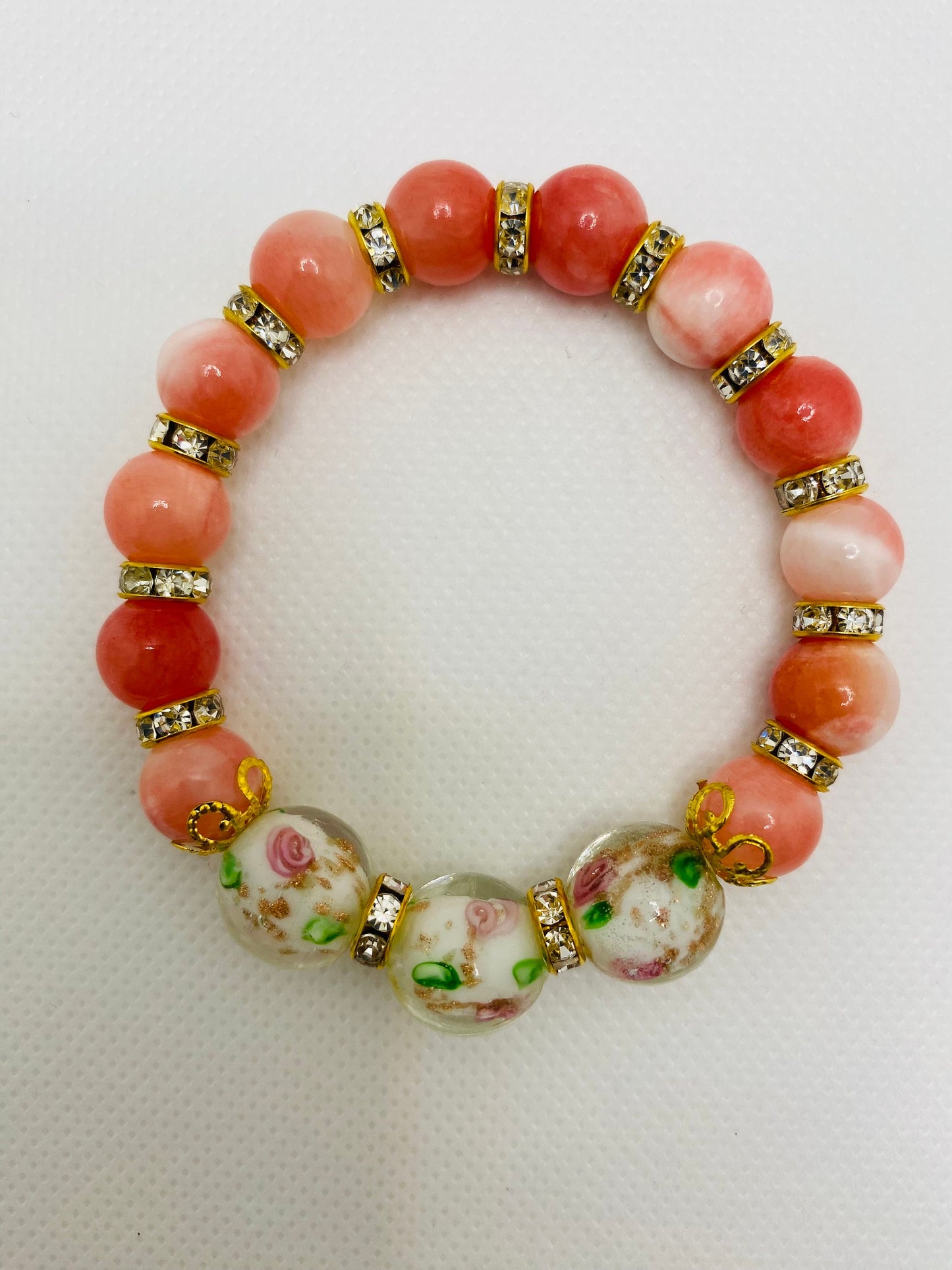 Jade Bracelet: Pink Lampwork Glass Beads, 18k Gold Rondelles