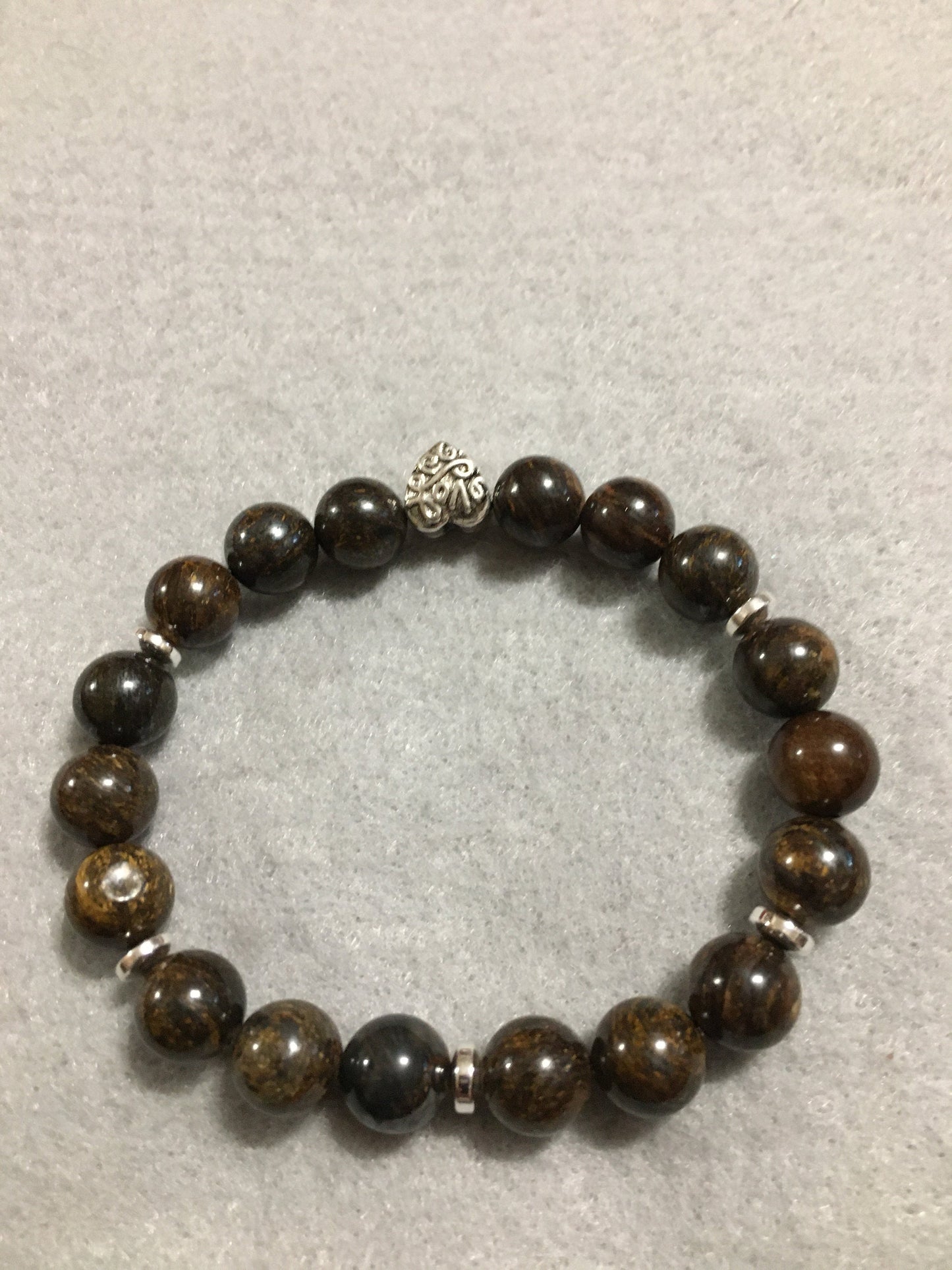 Bronzite Gemstone Bracelet with Love Heart Charm & Hematite Spacers