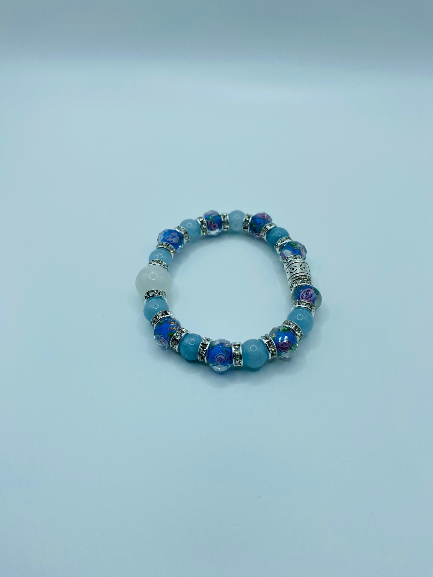 Aquamarine Bracelet: Lampwork Floral Glass Beads, Chalcedony Stone