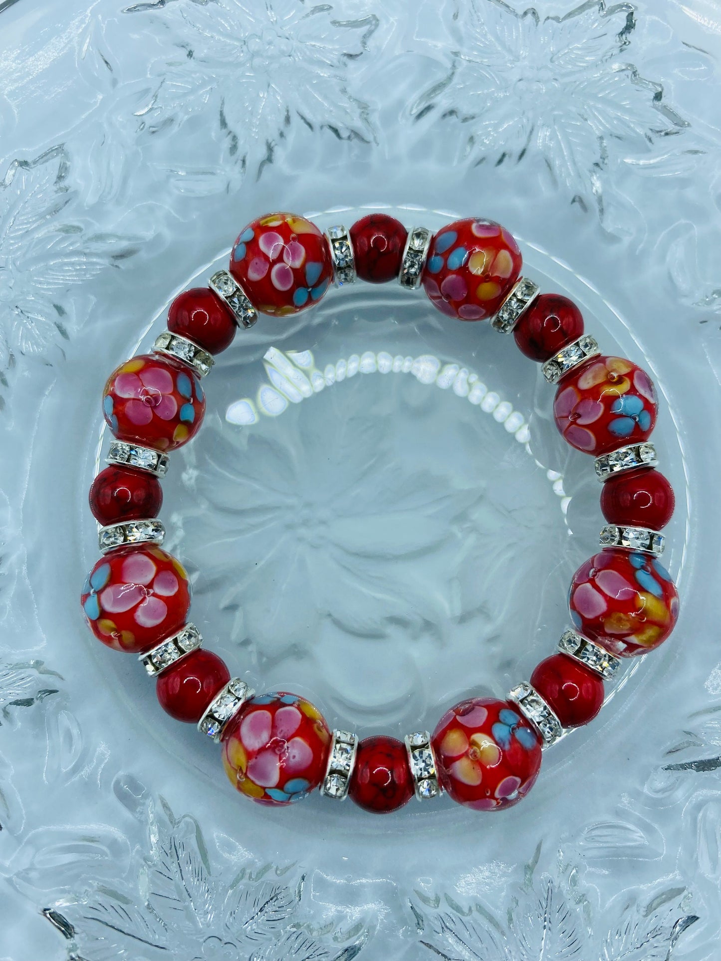 Red Lampwork Flower Bracelet: Turquoise & Rhinestone Beaded Jewelry