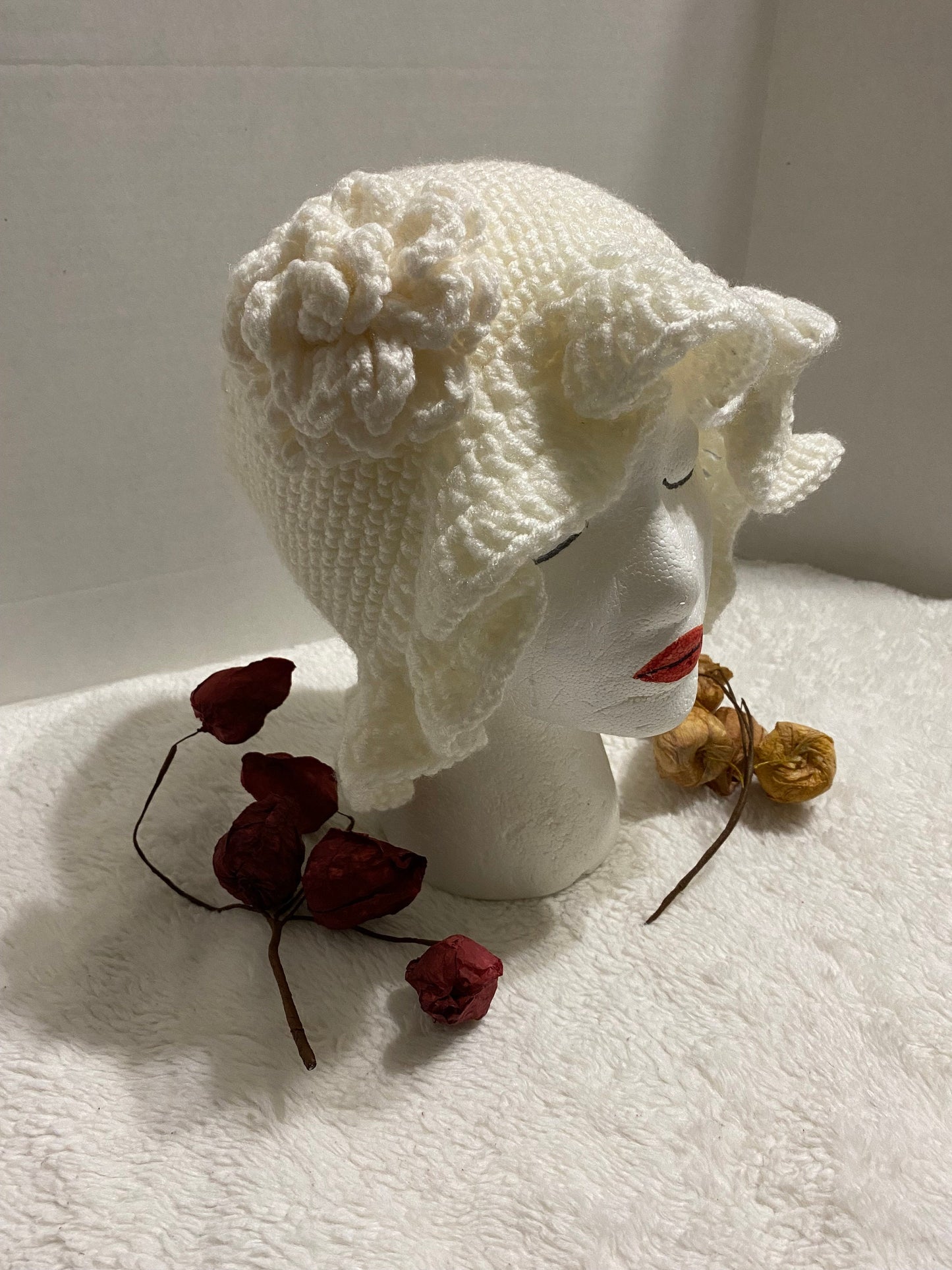 Handmade Crochet Bucket Hat: White Acrylic Flower Hat
