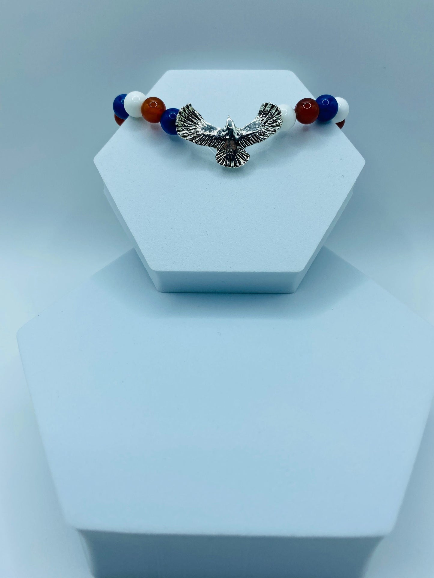 Eagle Charm Bracelet: Red, White & Blue Gemstone Beaded Patriotic Jewelry