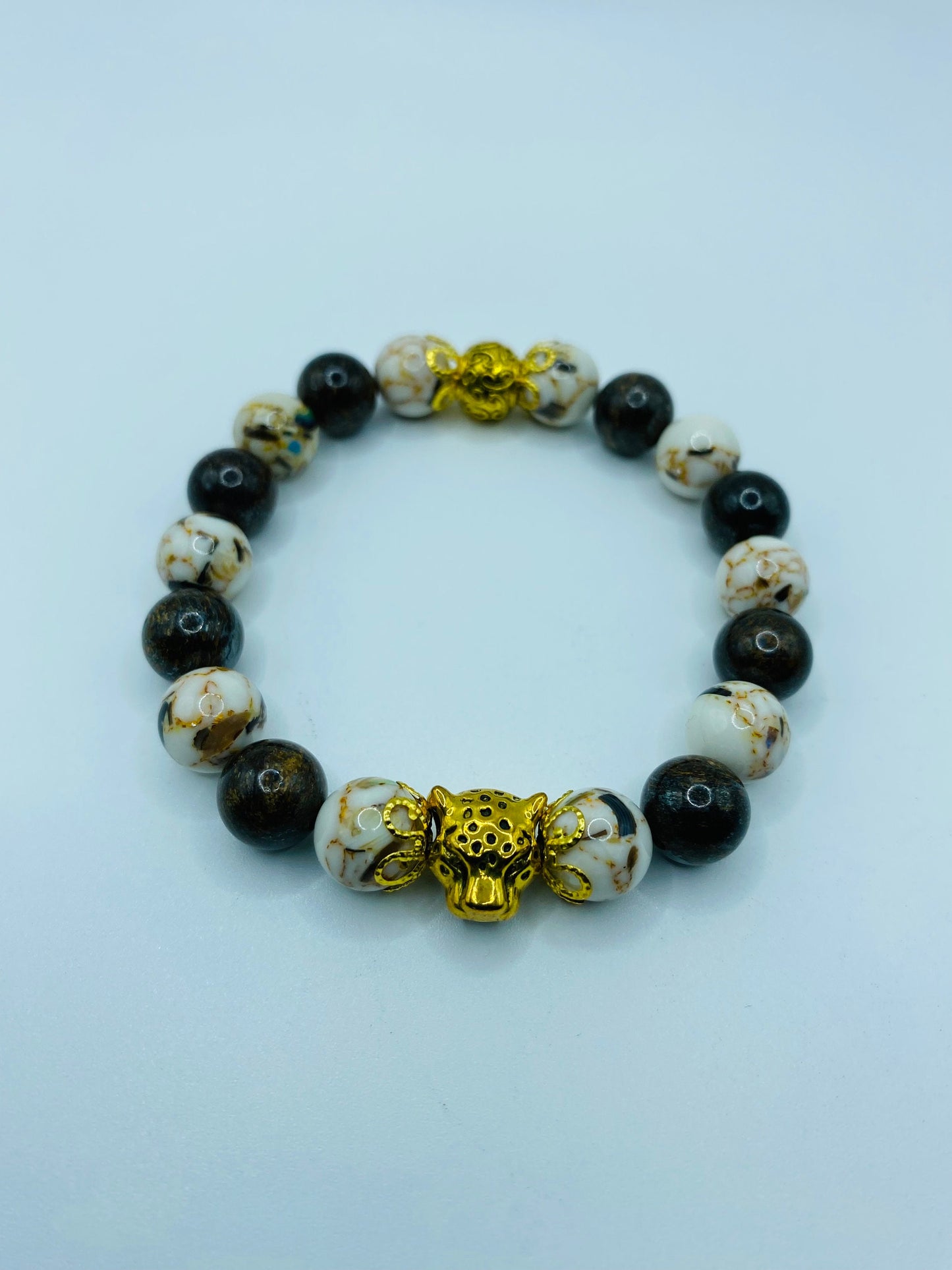 Leopard Charm Bracelet: Bronzite & White Shell Turquoise Gemstone Beads