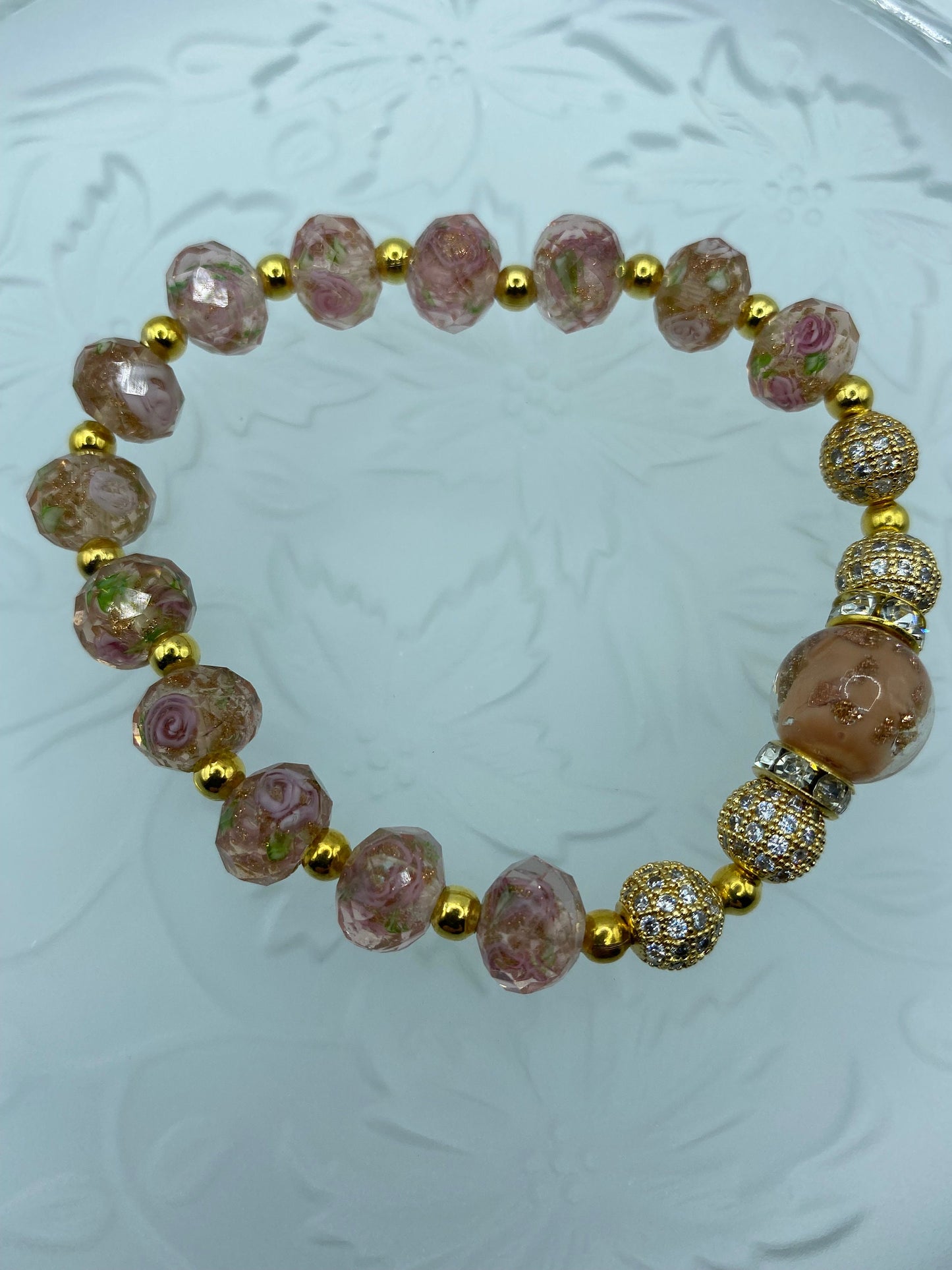Gold Plated Hematite Bracelet: Pink Lampwork Murano Glass Floral Beads