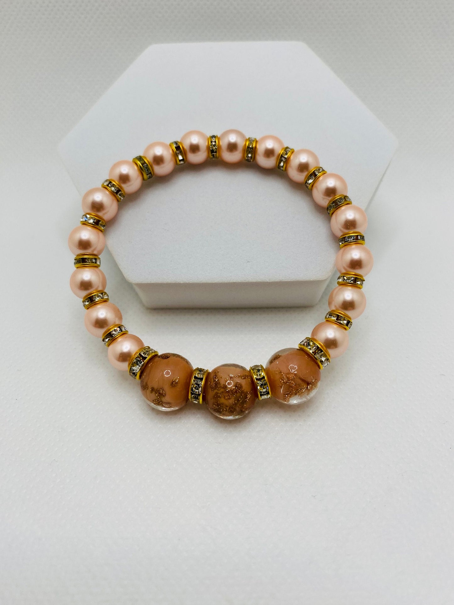 Pink Mother of Pearl Bracelet: Lampwork Glass Beads & Gold Rondelles