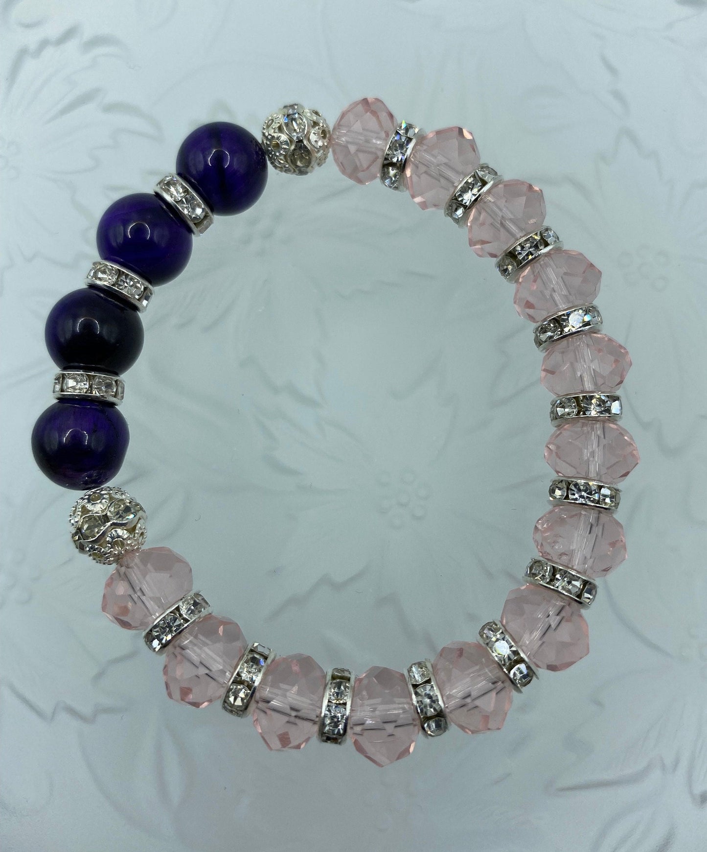 Handmade Purple Tiger's Eye Bracelet: Pink Crystal & Rhinestone Beads