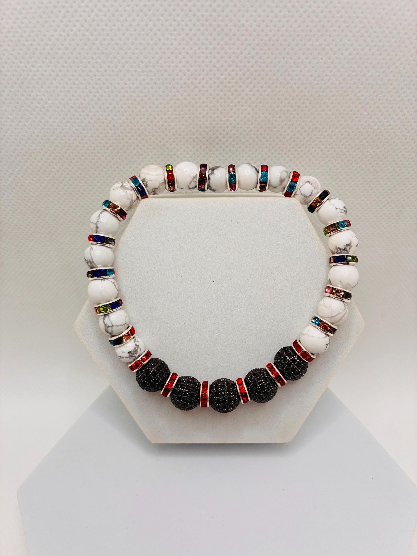 Womens Howlite Bracelet with Zircon Paved Rhinestone Charm Beads, Rainbow Bracelet