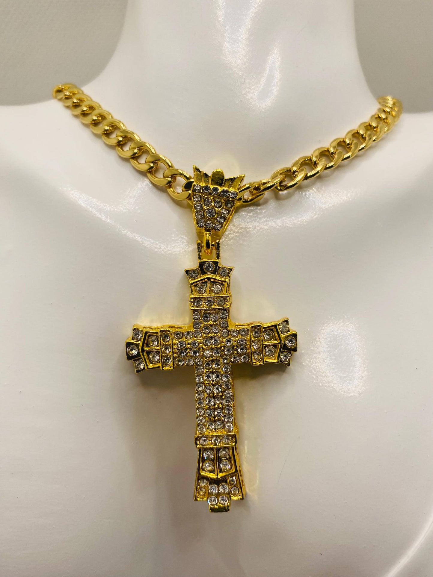 Gold Cross Necklace: Rhinestone Cuban Link Chain, Religious Jewelry