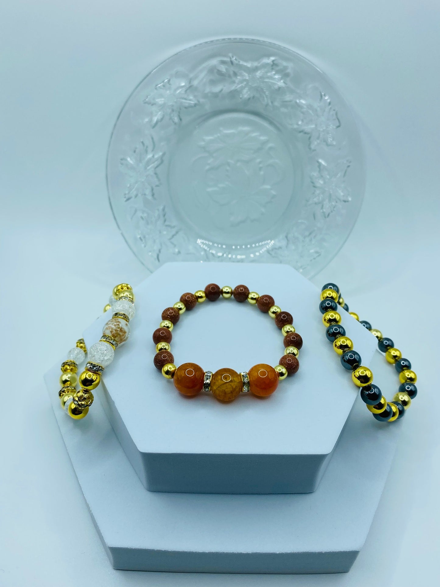 Handmade Orange Jade Bracelet: Goldstone & Gold-Plated Hematite Beads
