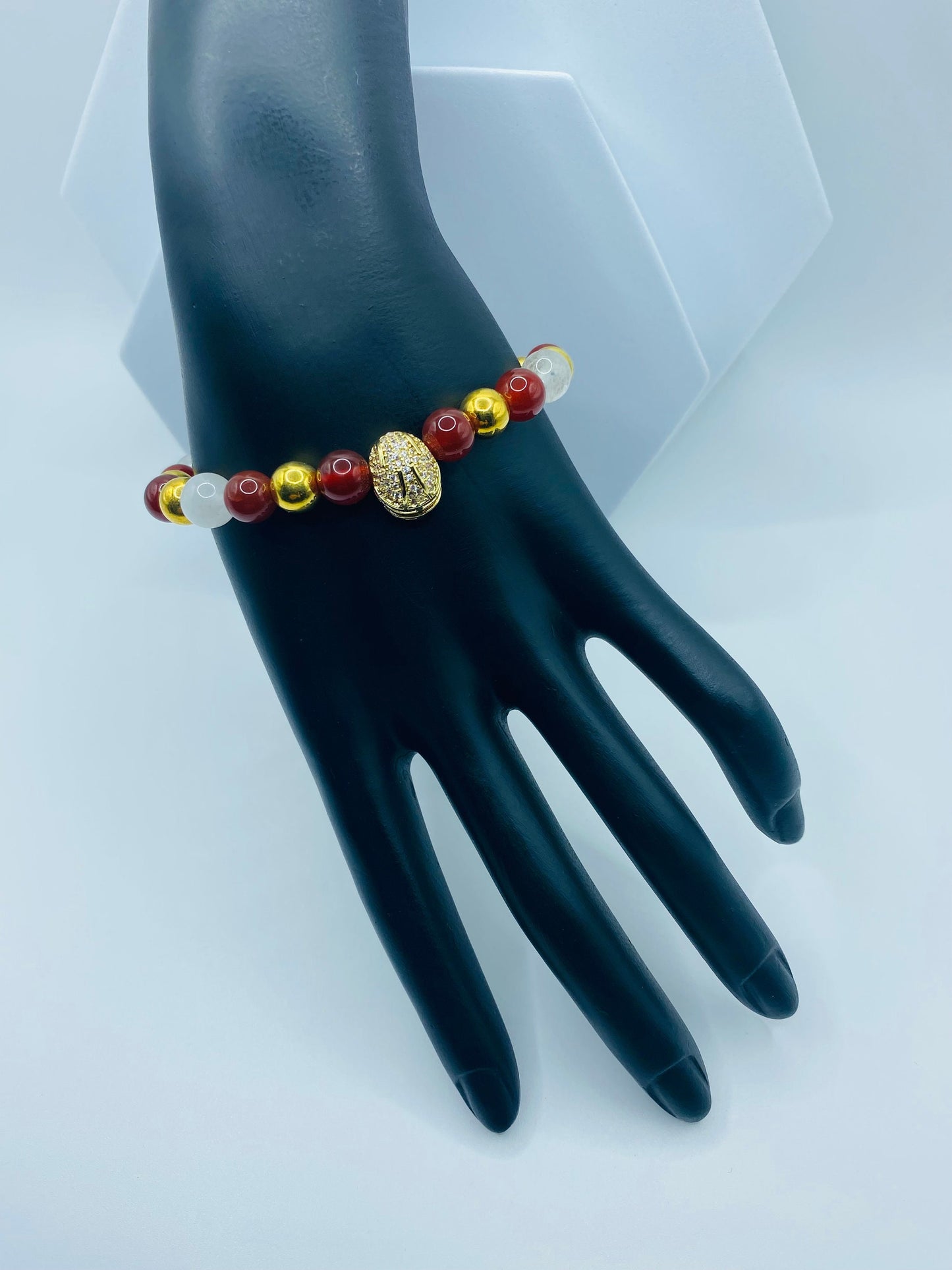 49ers Gemstone Bracelet: CZ Football Helmet, Jade & Carnelian Beads