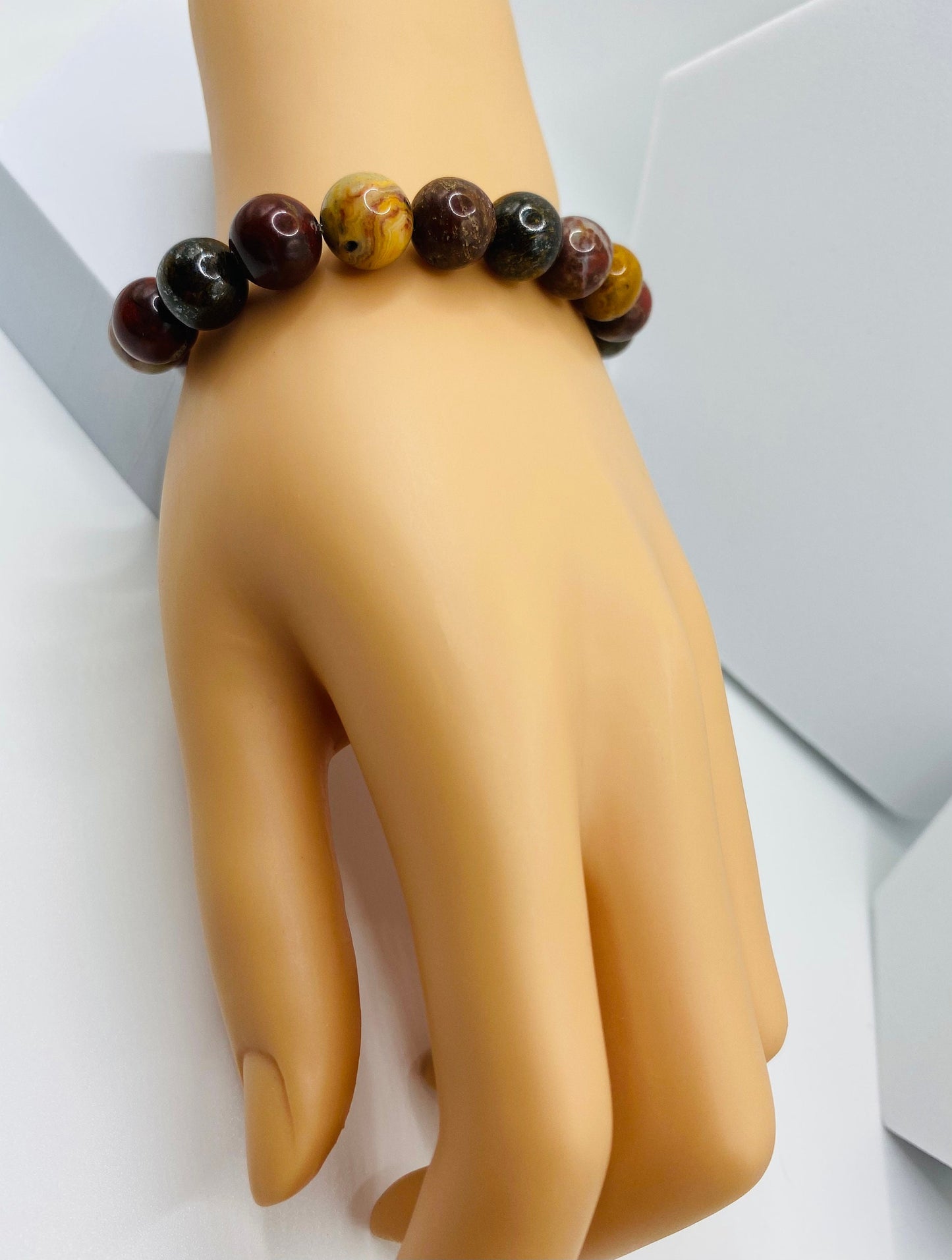 Handmade Red Jasper Stone Bracelet: Bronzite & Agate Gemstone Beads