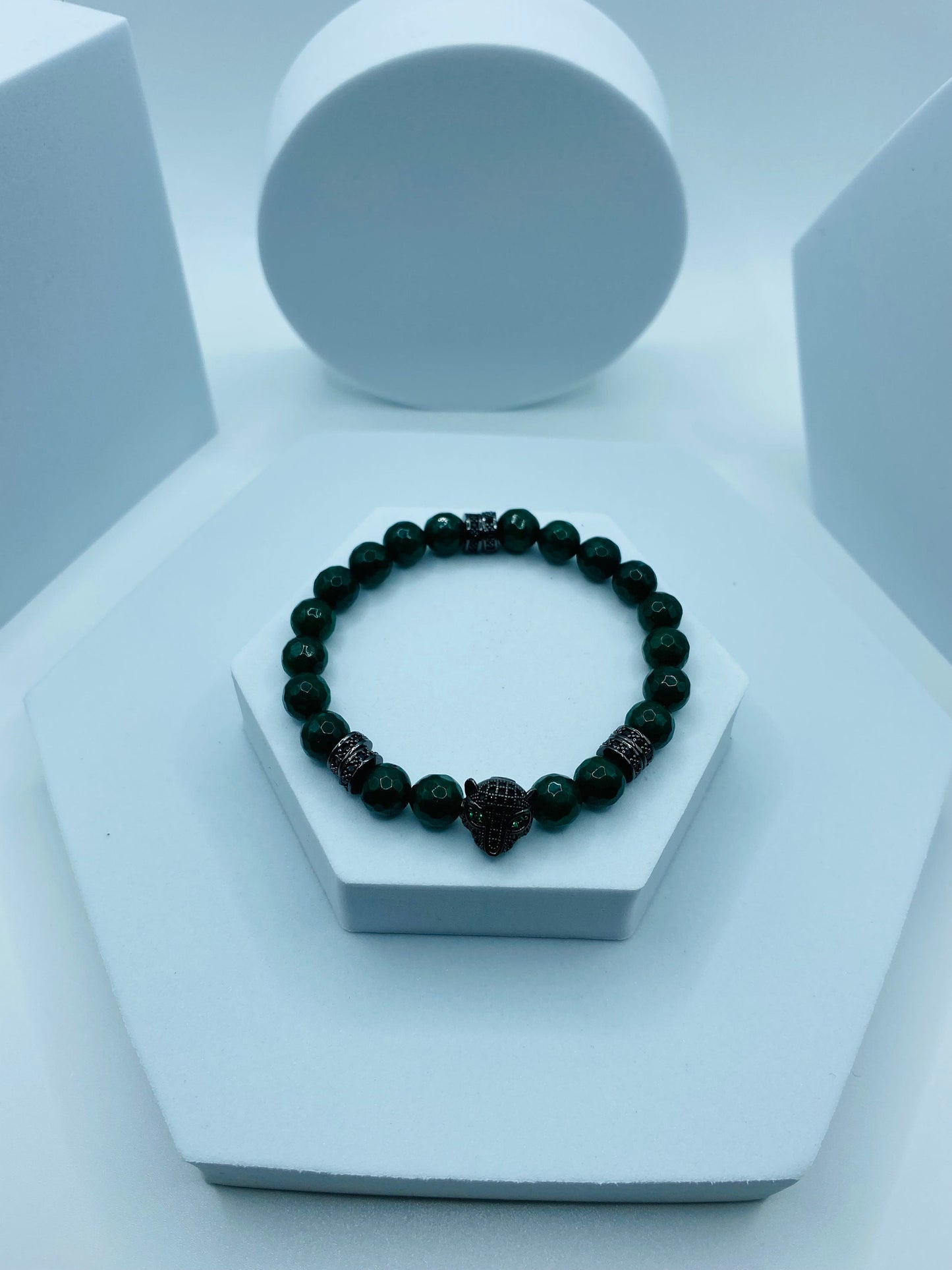 Emerald Green Jade Bracelet: Black Panther Charm, Rhinestone Spacers