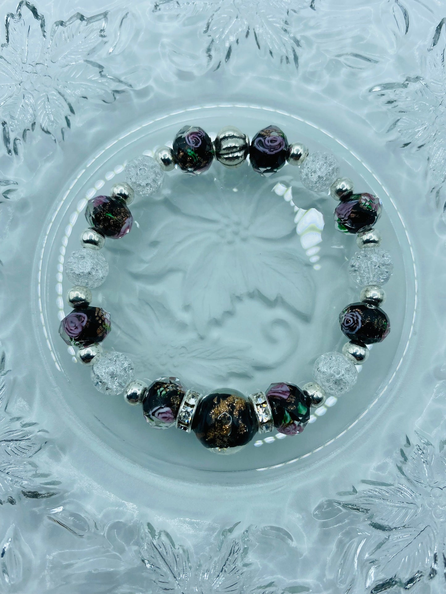 Lampwork Flower Glass Bead Bracelet: Crystal Quartz & Hematite Gemstone