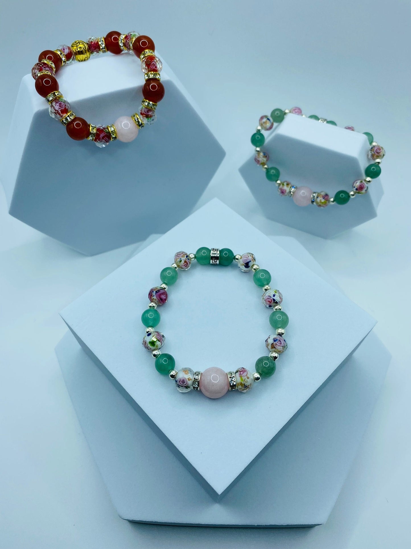 Rose Quartz Bracelet with Green Aventurine & Lampwork Glass Beads - Hematite Gemstone Bracelet