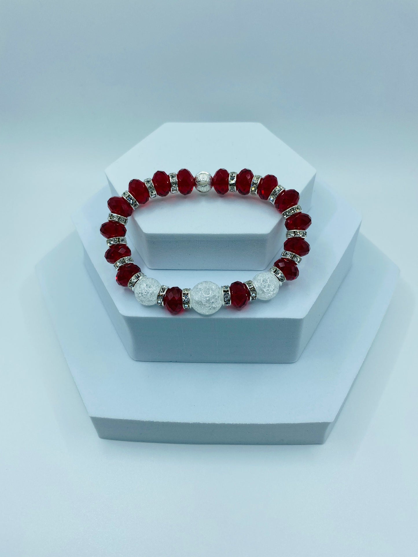 Red Crystal Glass Bracelet: Crackle Quartz Gemstone, Rhinestone Rondelles