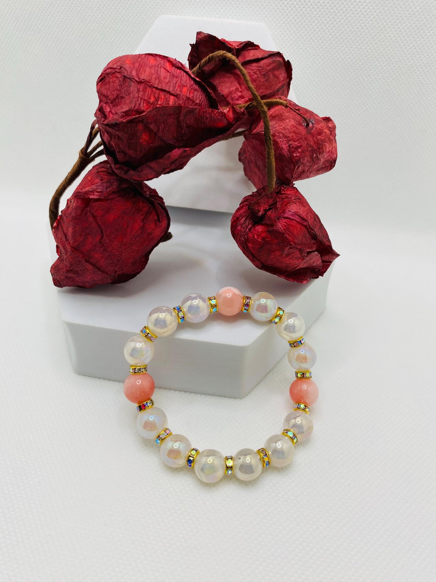 Snow Quartz & Pink Gemstone Bracelet: 18k Gold Plated Rondelles