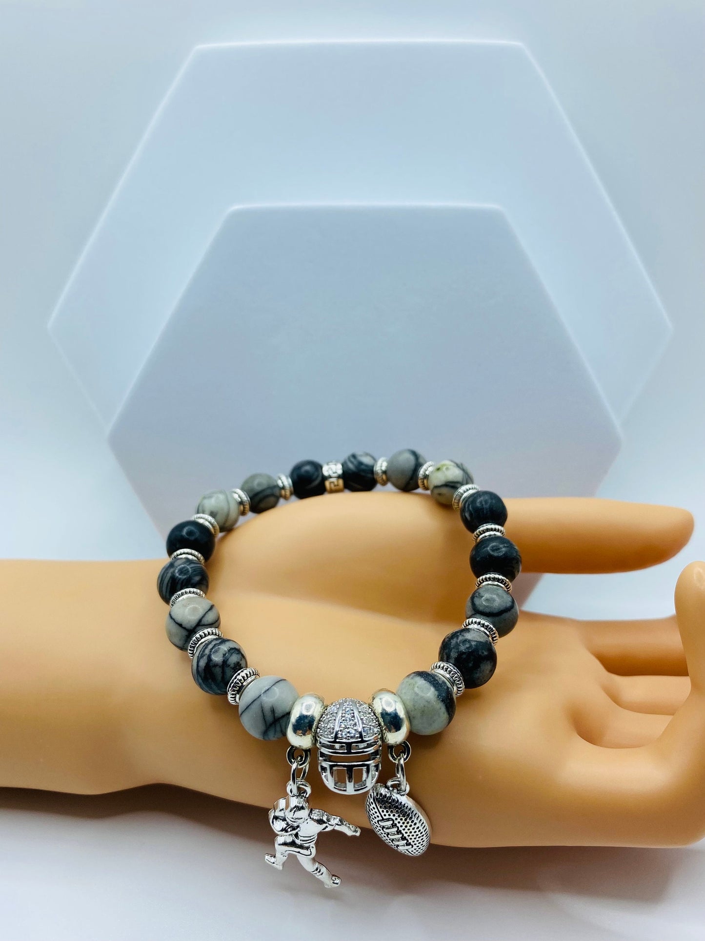 Las Vegas Raiders Charm Bracelet for Men, Womens Bracelet Football Mom, Jasper Gemstone Beads