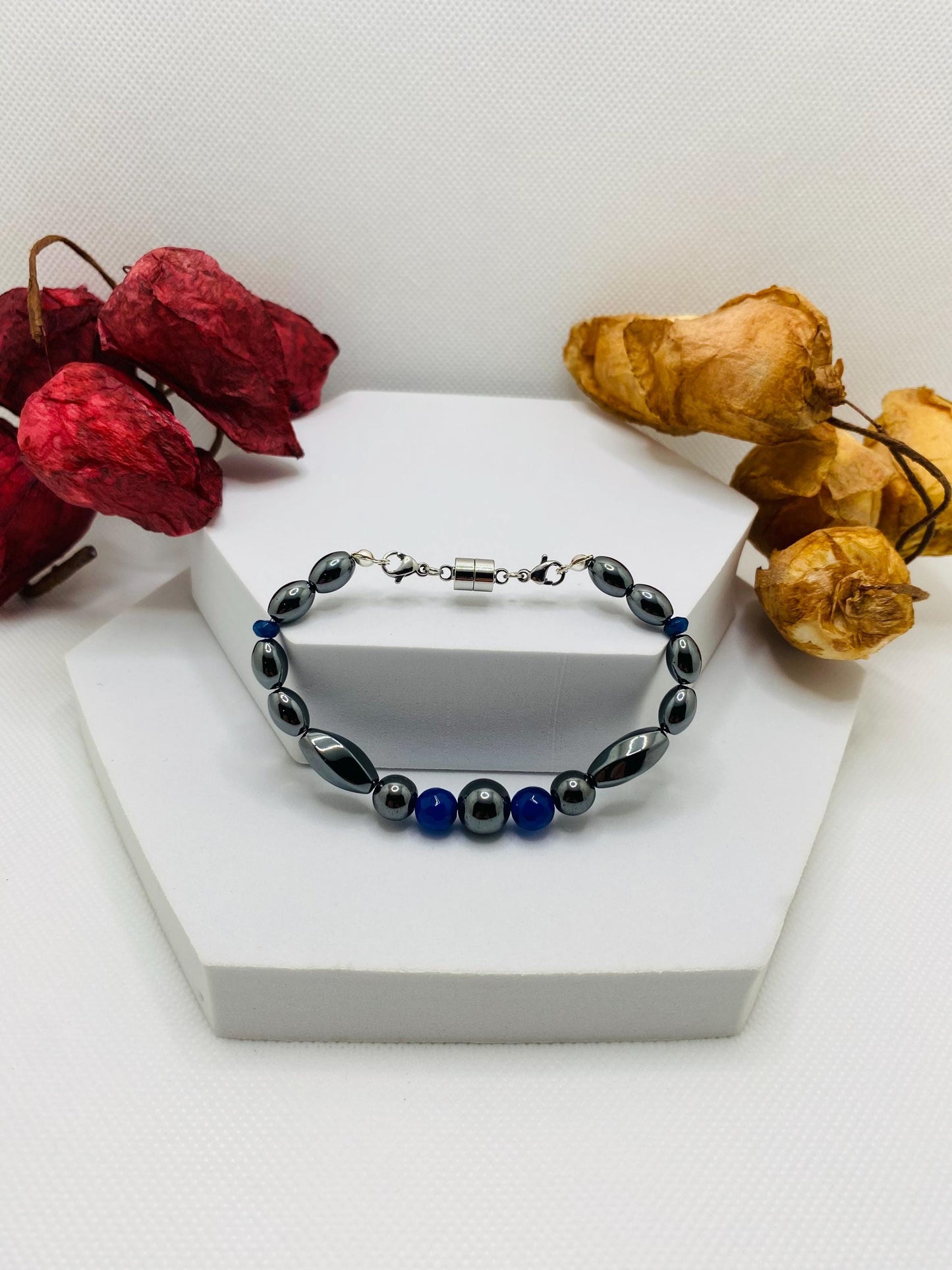 Handmade Jewelry for Men, Womens Jewelry with Hematite and Chalcedony Gemstone Beads, Magnetic Clasp