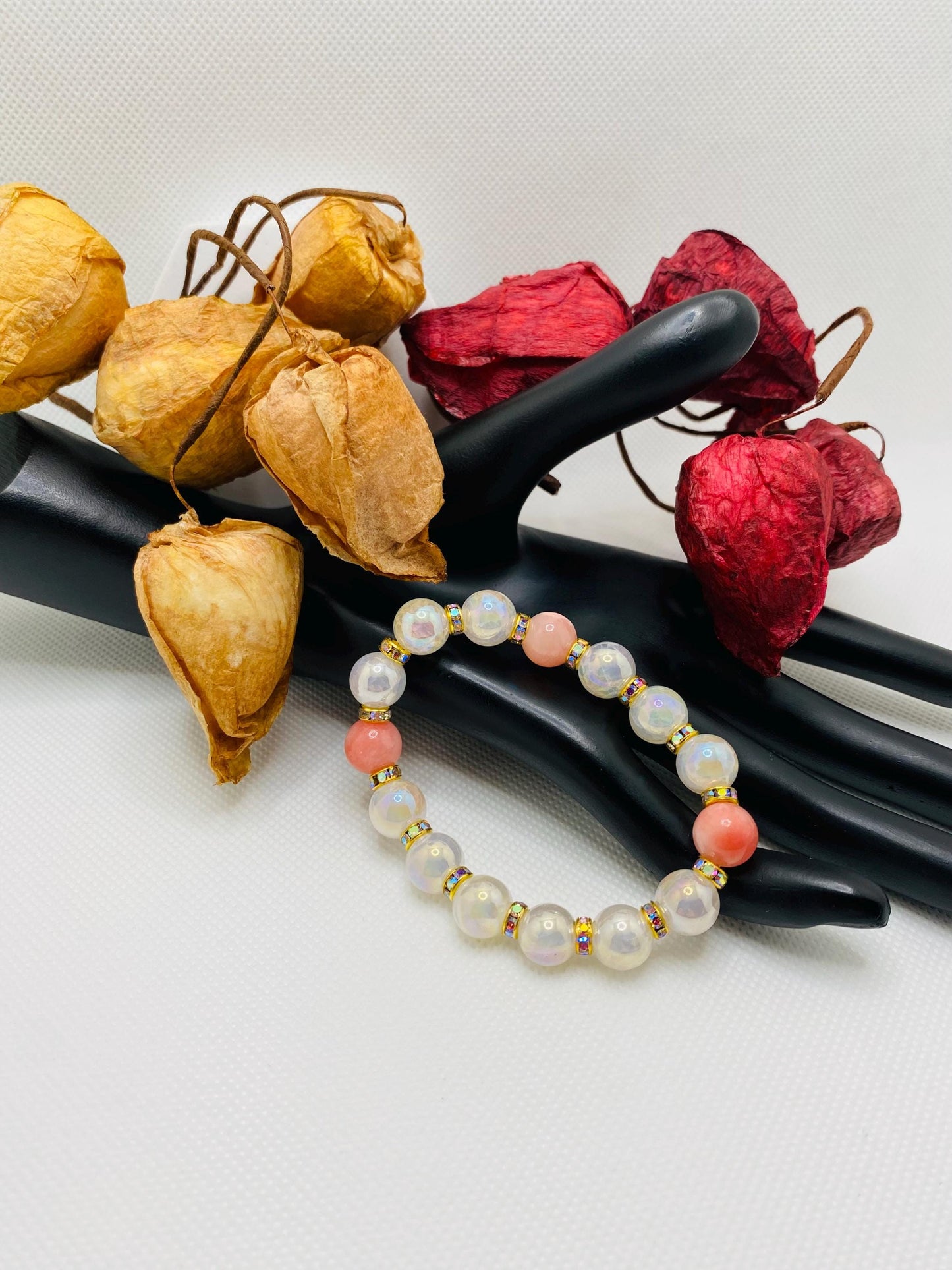 Snow Quartz & Pink Gemstone Bracelet: 18k Gold Plated Rondelles