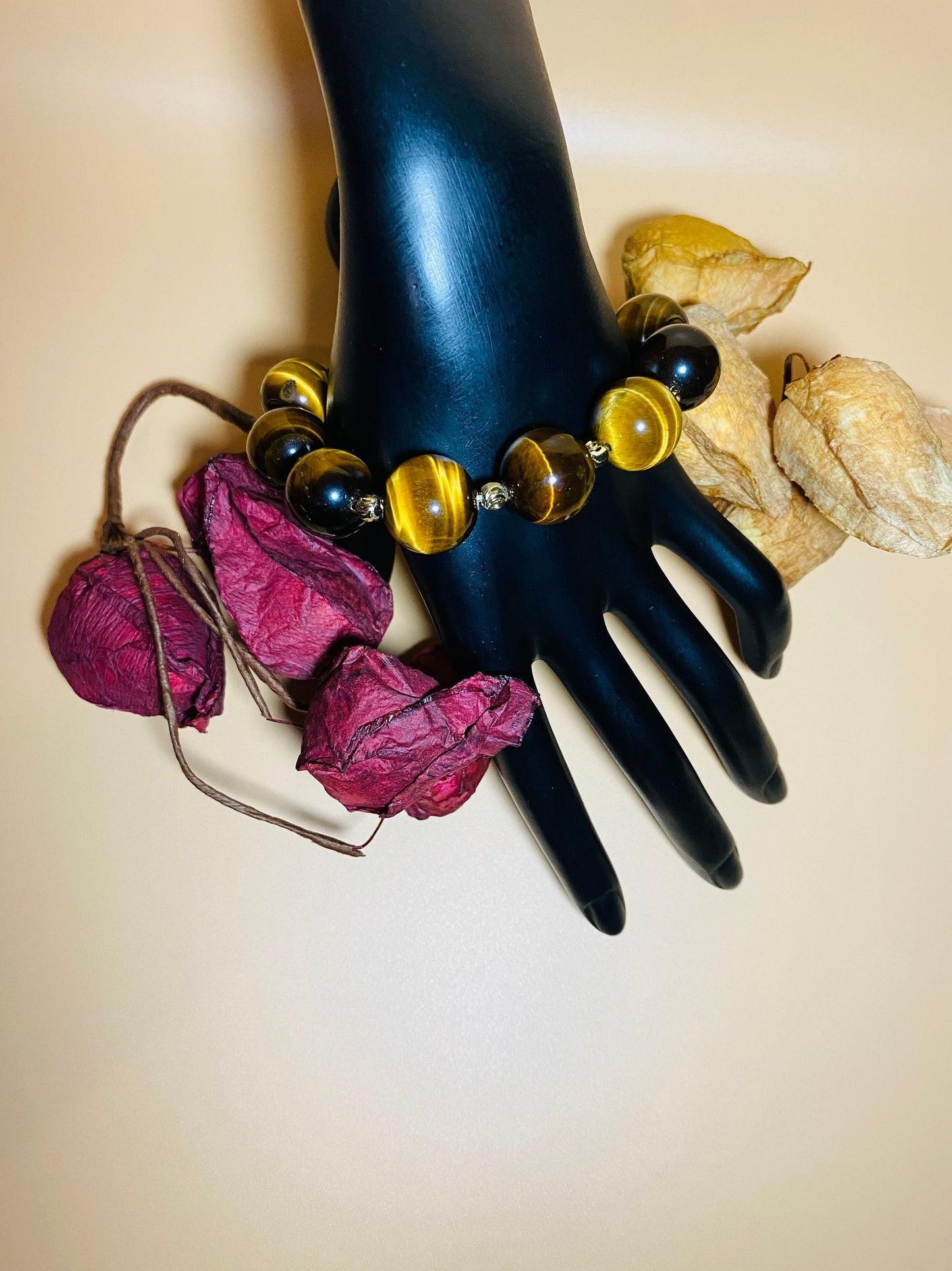 Tigers Eye Gemstone Bracelet: 16mm Beads with Gold Spacers