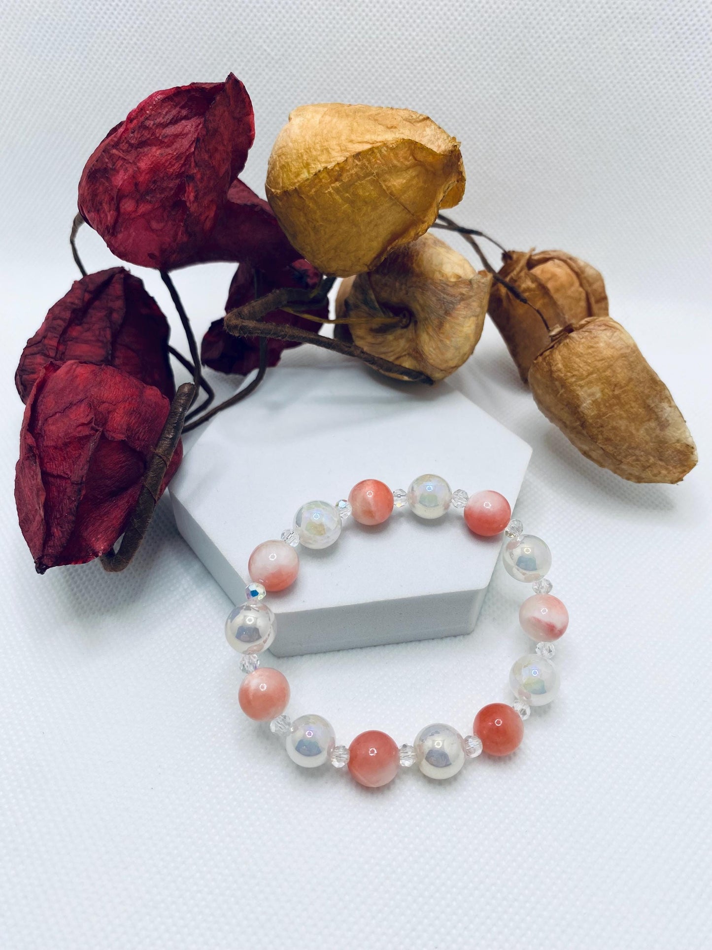 Snow Quartz, Onyx & Persian Pink Gemstone Bracelet