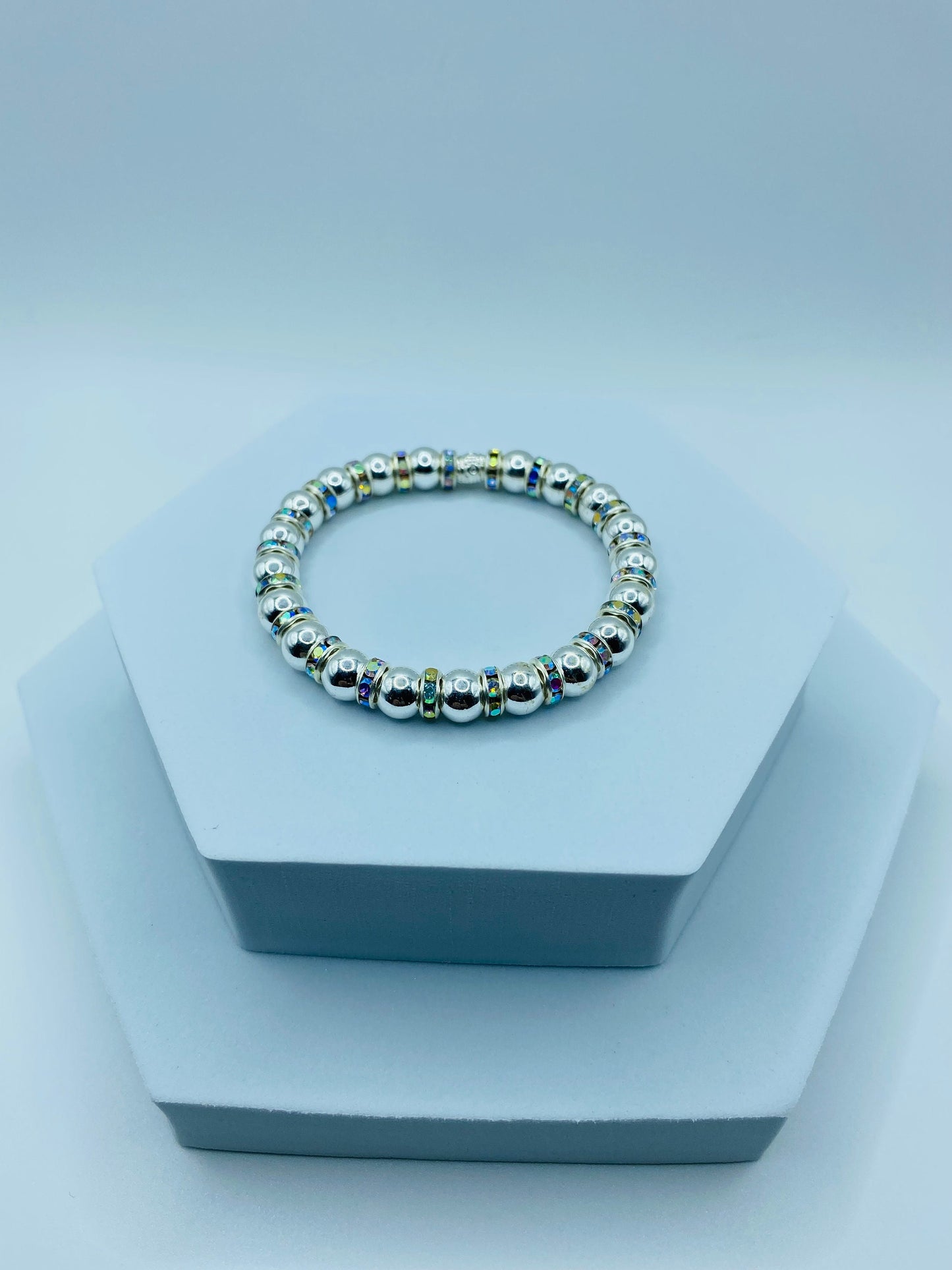 Mens Silver Hematite Bracelet with Rhinestone Accents