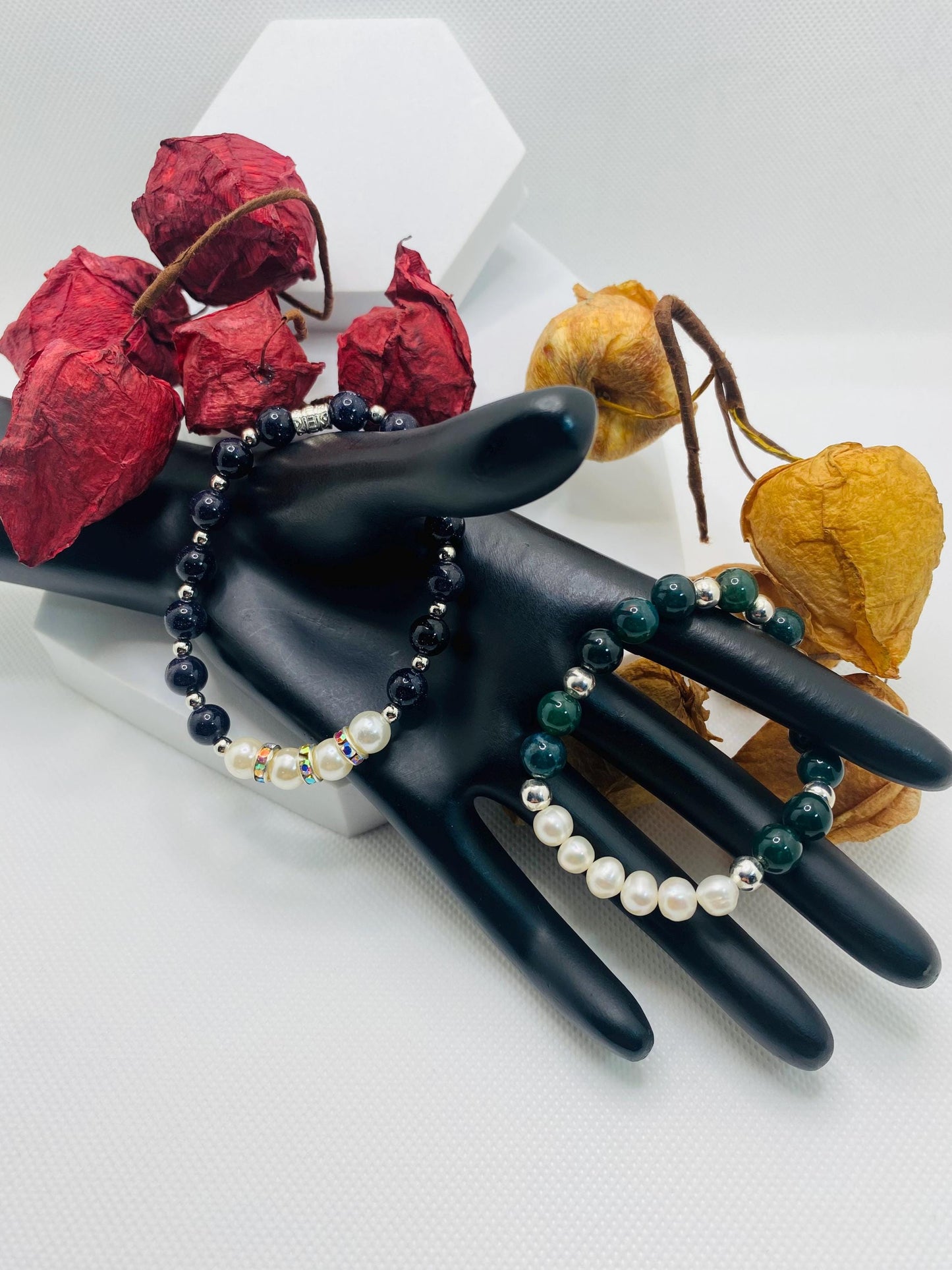 Handmade Pearl Bracelet Set: Moss Agate & Blue Sandstone Beads