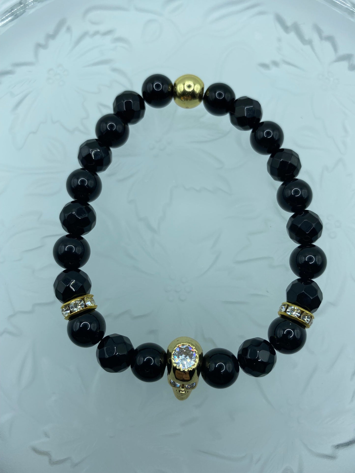 Black Onyx Bracelet: Golden CZ Skull Bead, Goth Jewelry