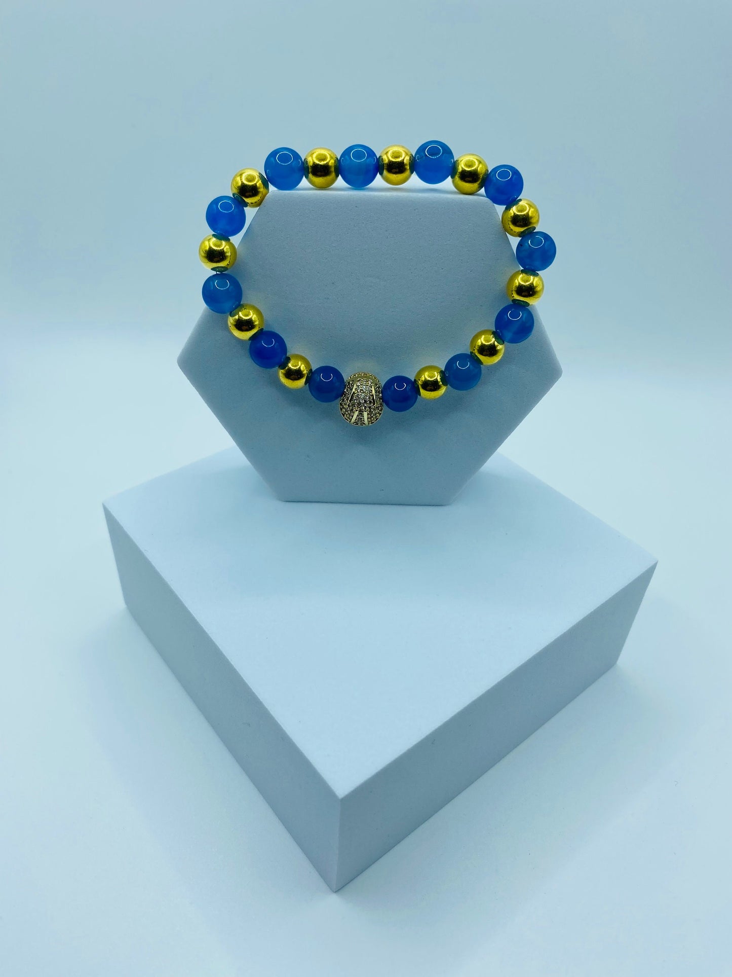 UCLA Football Bracelet: Blue Agate, Gold Helmet Charm