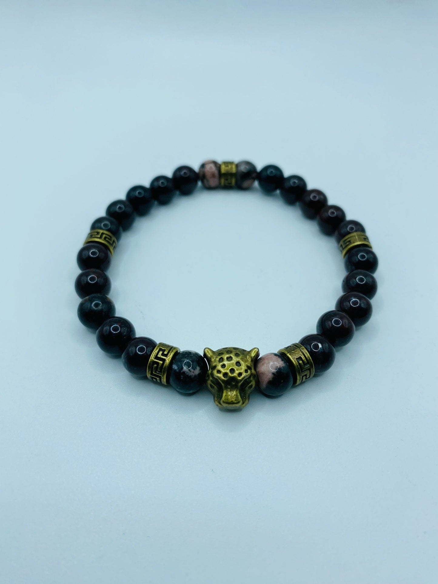 Mens Leopard Charm Bracelet: Bronzite Gemstone Beads, Tibetan Spacers