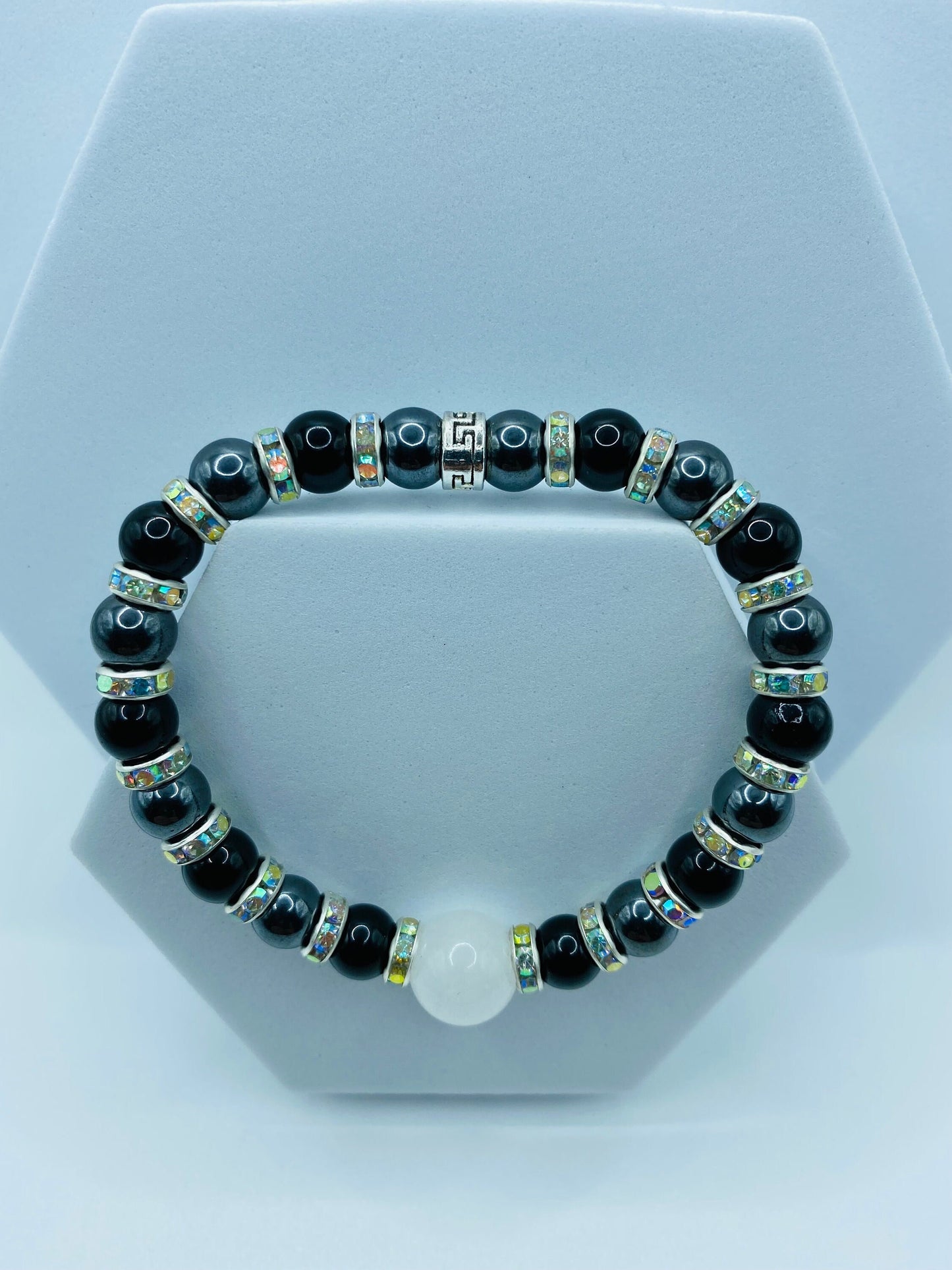 Handmade Black Onyx & Chalcedony Bracelet with Rhinestone Spacers