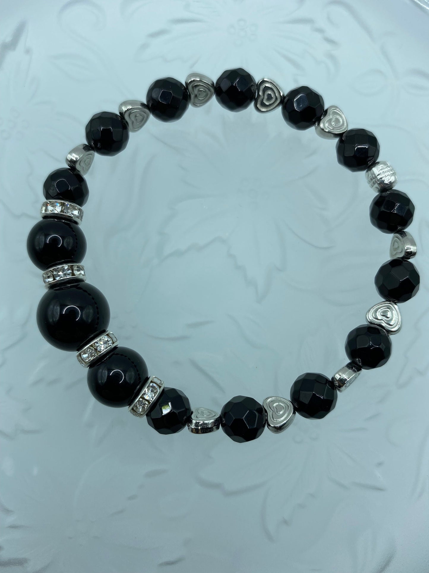Black Onyx Bracelet: White Gold Heart Charm, Rhinestone Rondelles