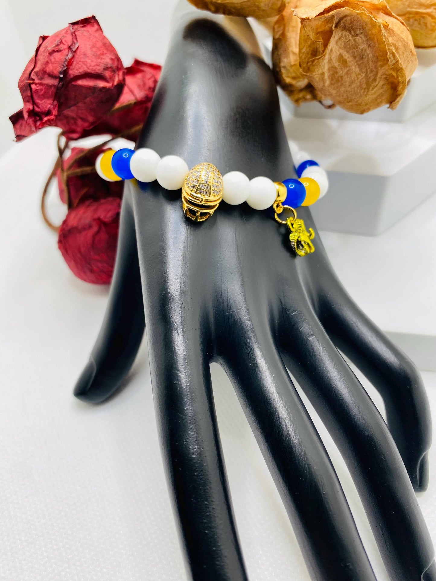 Los Angeles Rams Bracelet: Agate & Kyanite Gemstone Beads, Football Charm