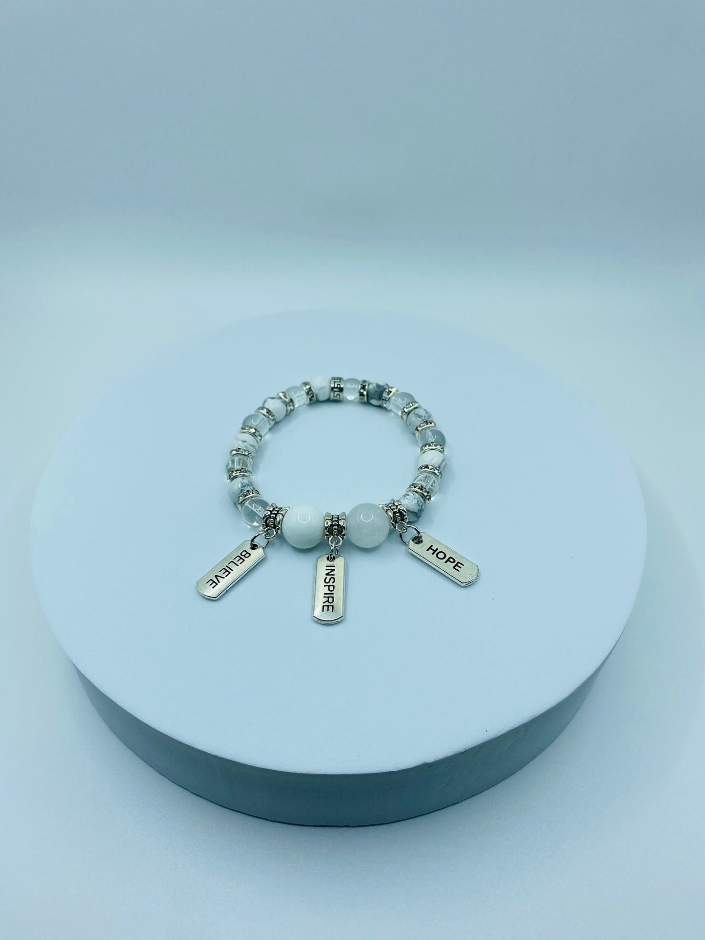 Inspirational Gemstone Bead Bracelet: Stainless Steel Word Charms