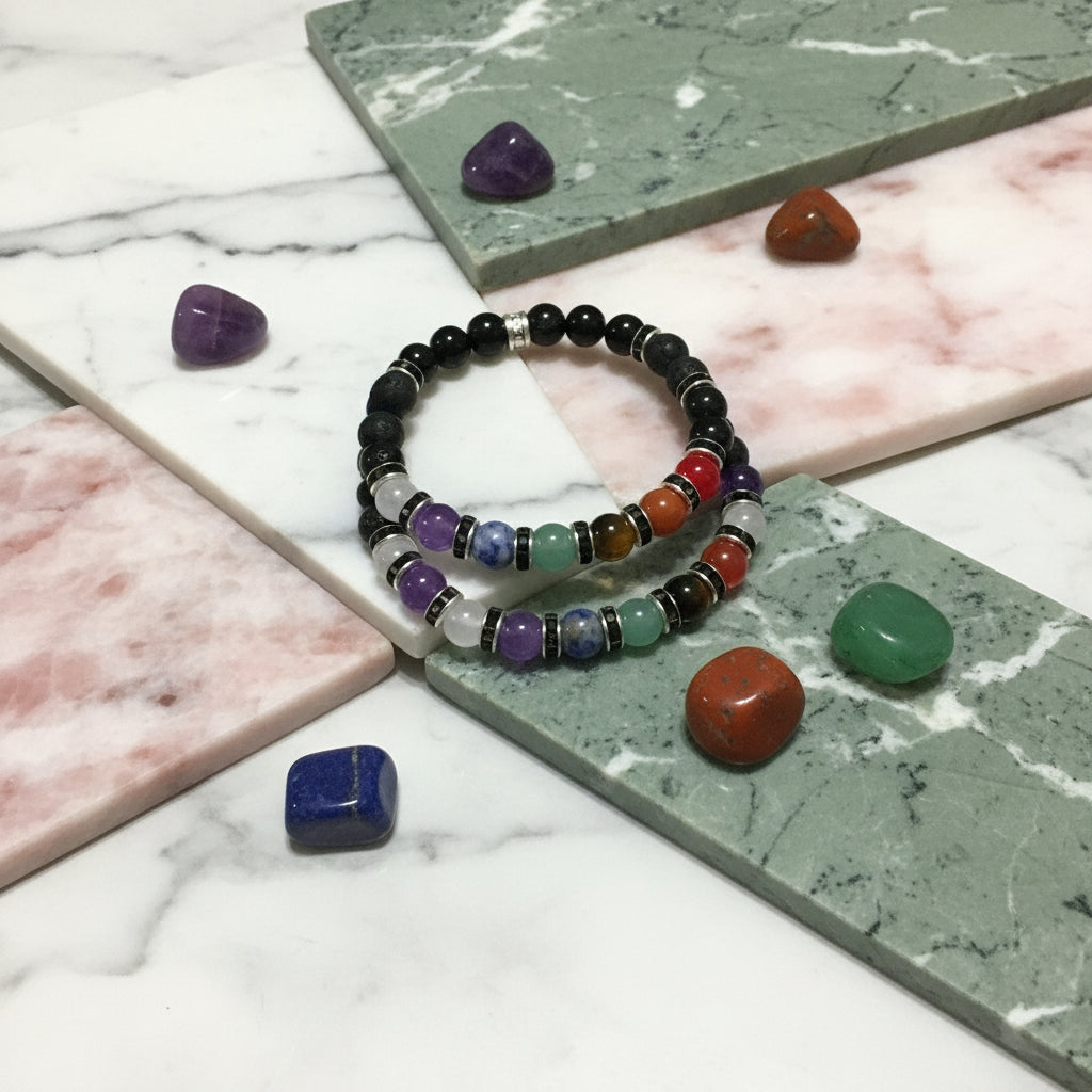 Chakra Bracelet Set: Onyx, Lava Rock, and Gemstone Healing Beads