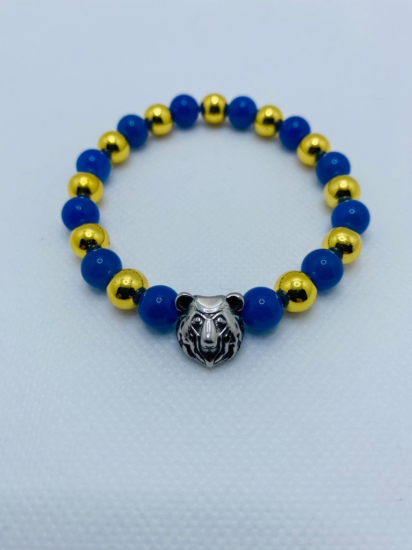 UCLA Bruins Bracelet: Blue Agate, Gold Hematite, Bear Charm