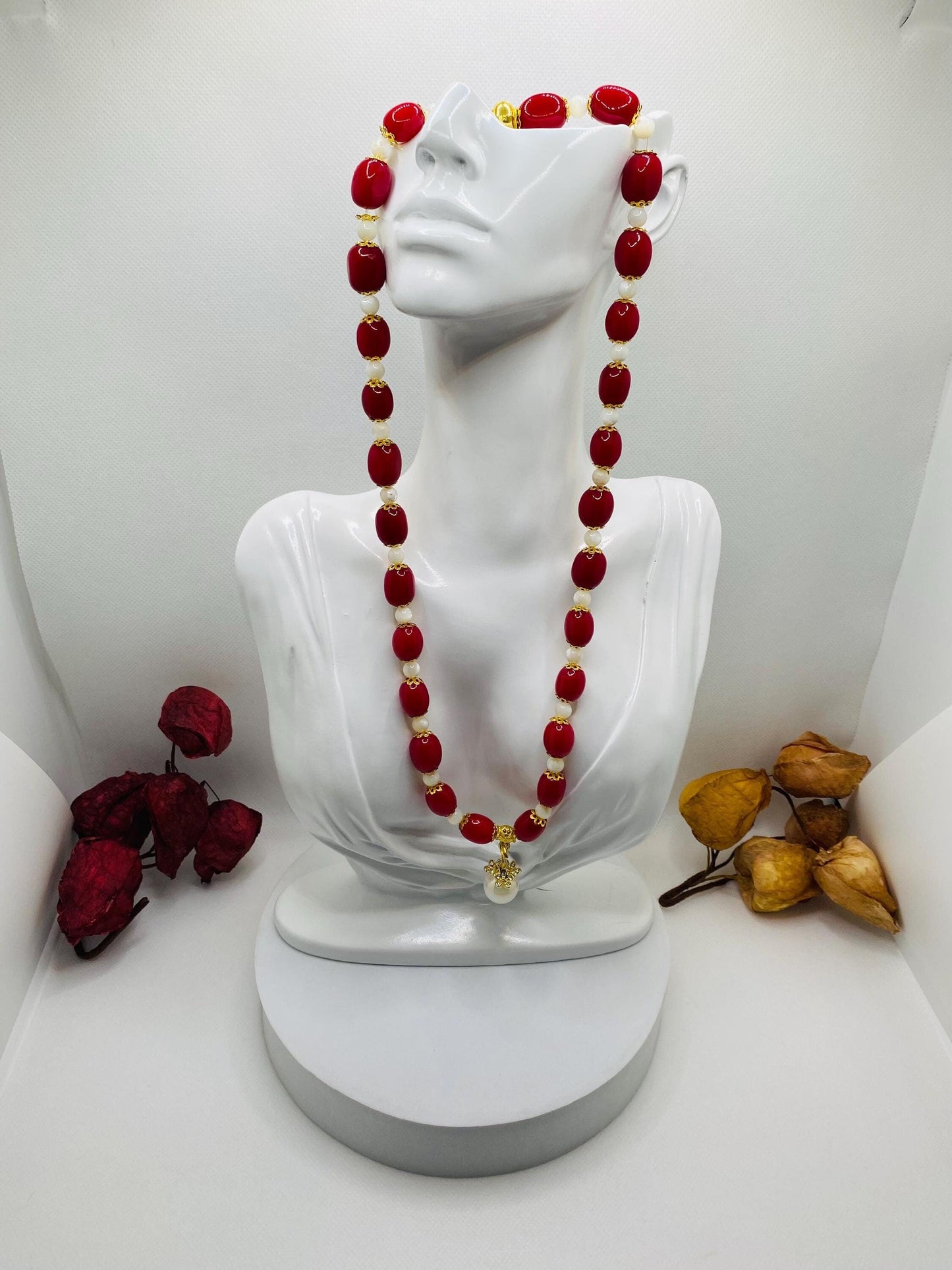 Handmade Red Jade Necklace: Mother of Pearl, Faux Pearl Pendant