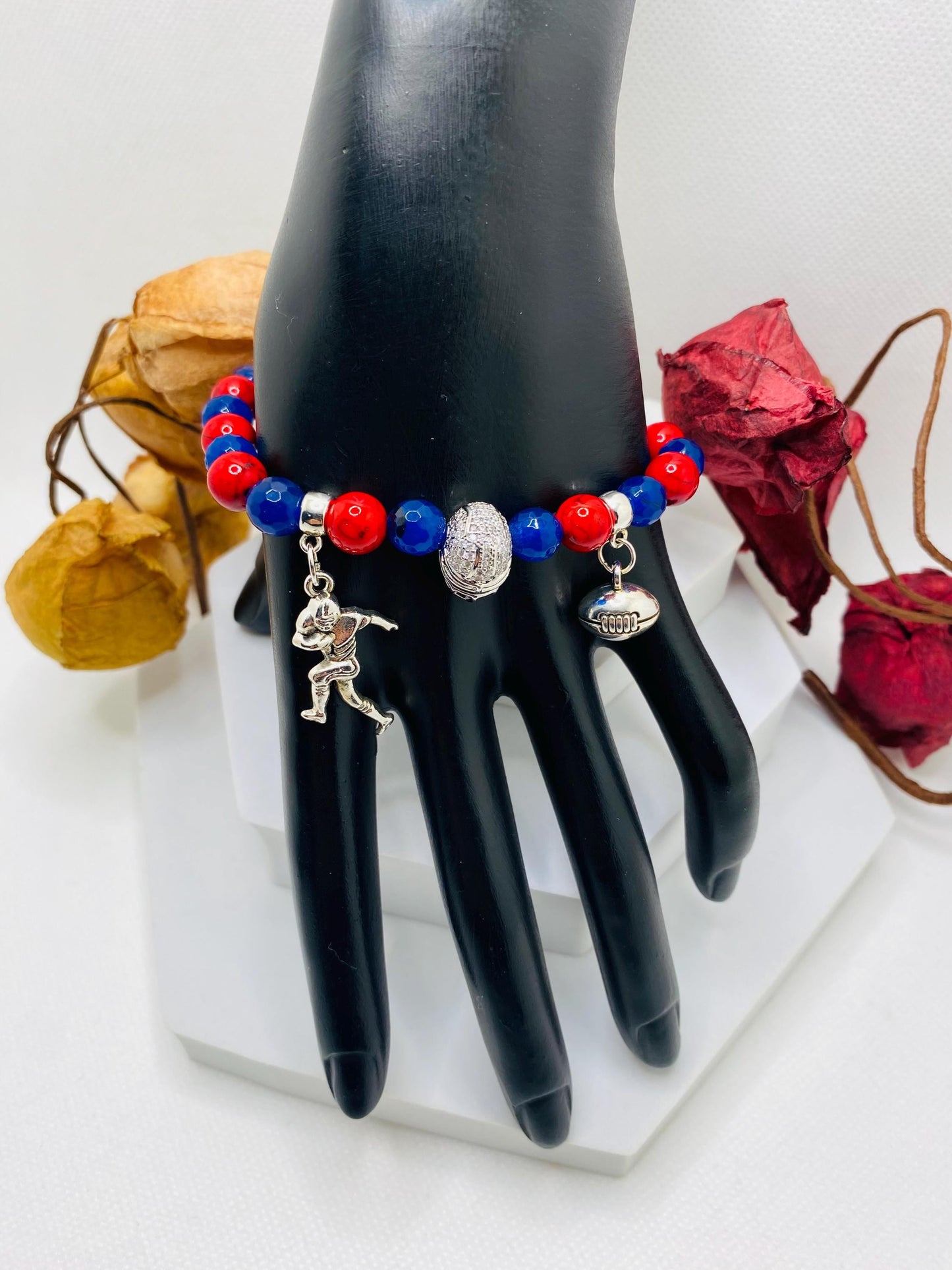 New York Giants Gemstone Charm Bracelet: Football Fan Gift