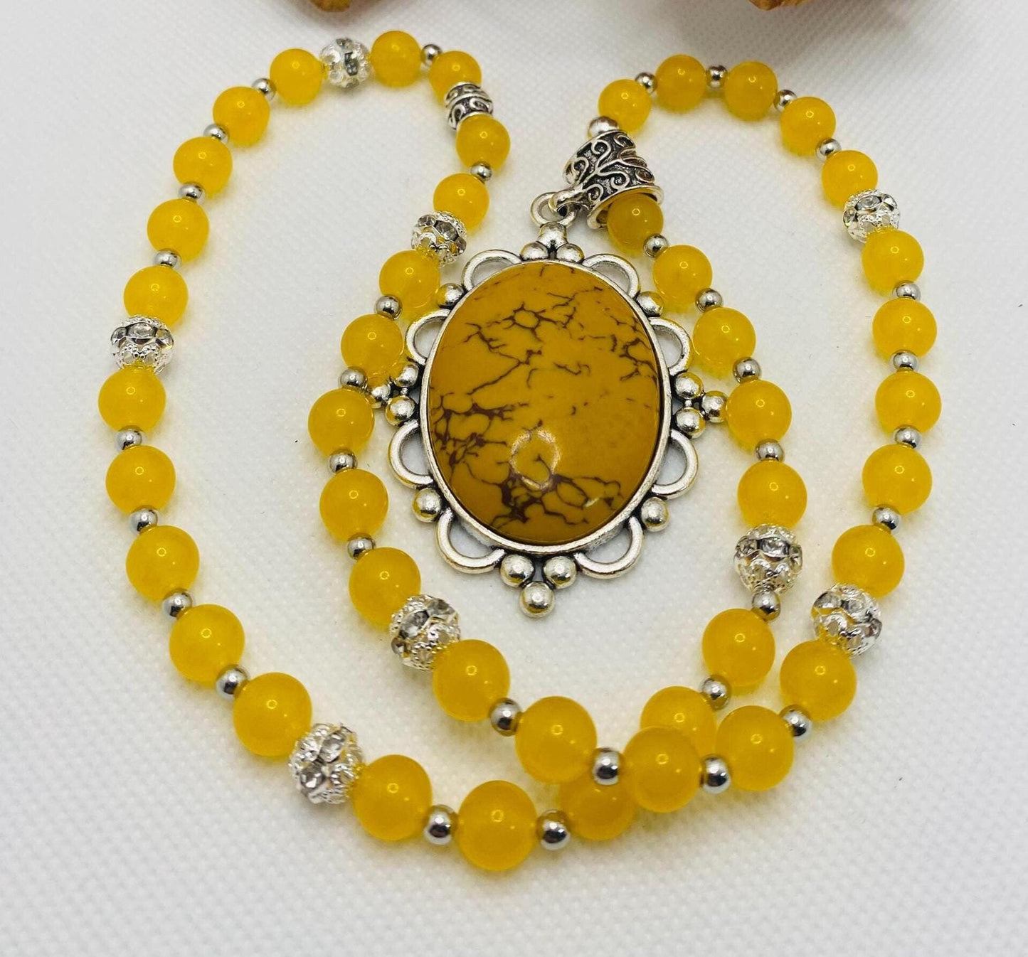 Jade Necklace for Women with Silver Hematite Gemstone Beads & Turquoise Pendant, Gifts for Her