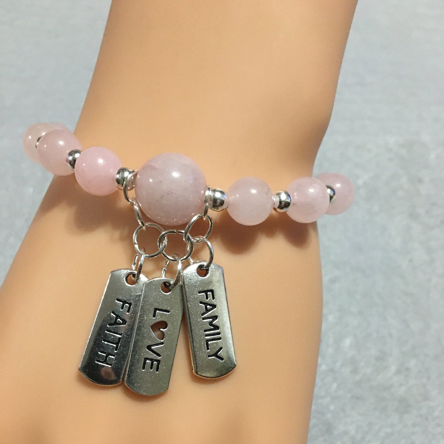 Rose Quartz Charm Bracelet for Women, Inspirational Quotes & Hematite Gemstone Beads - Gifts for Her