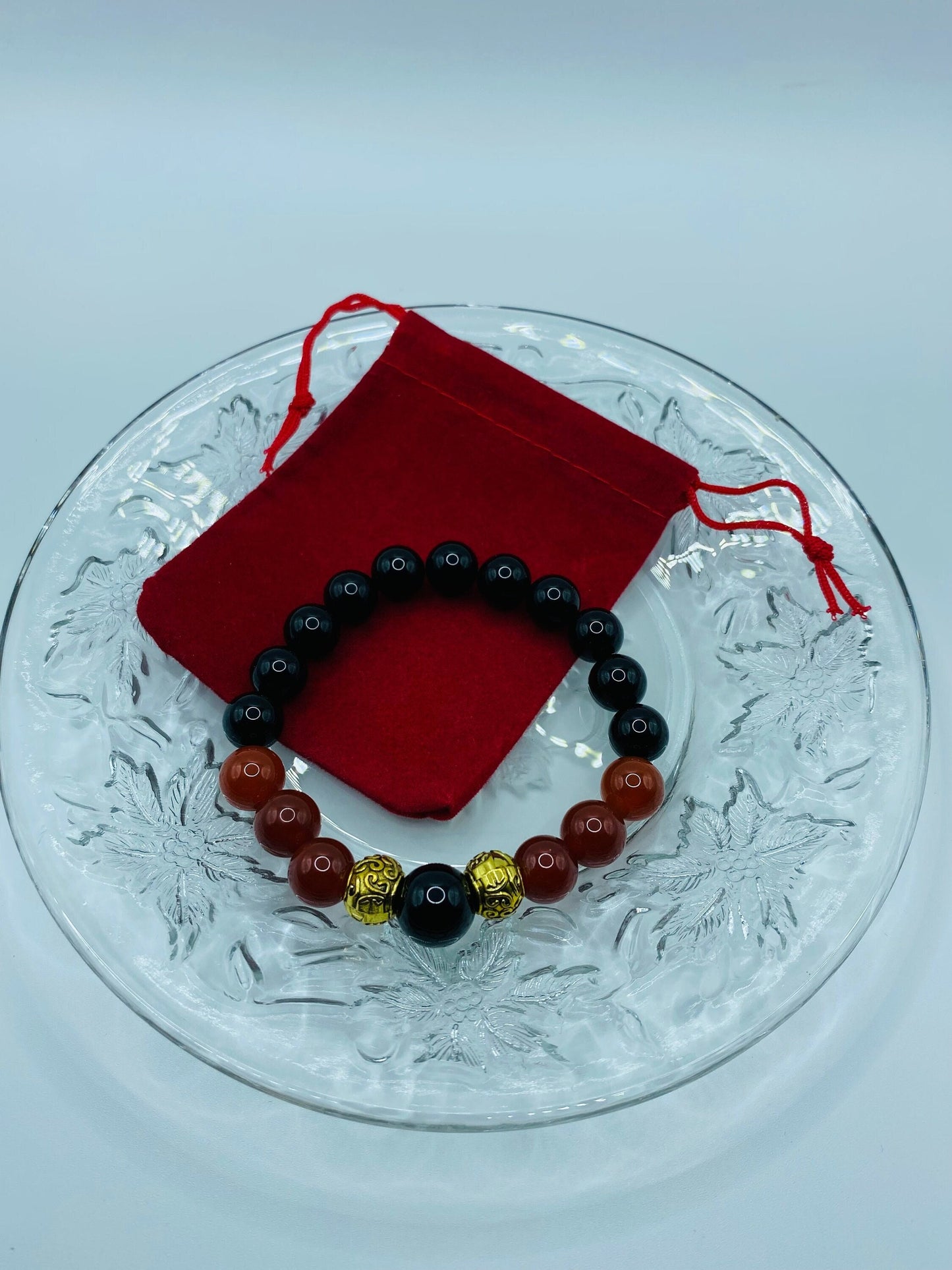 Black Onyx & Red Carnelian Beaded Bracelet - Tibetan Spacer Beads