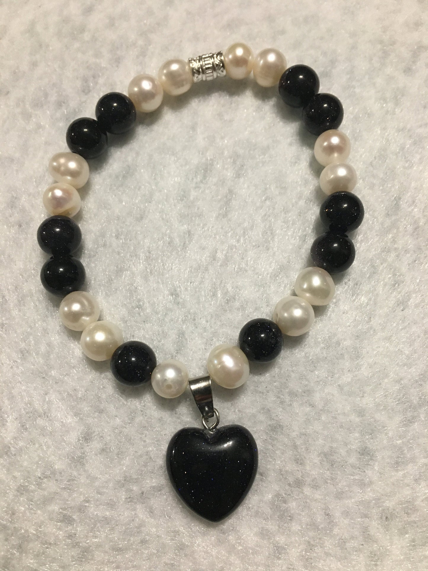 Pearl Bracelet: Blue Sandstone Heart Pendant, Handmade Jewelry