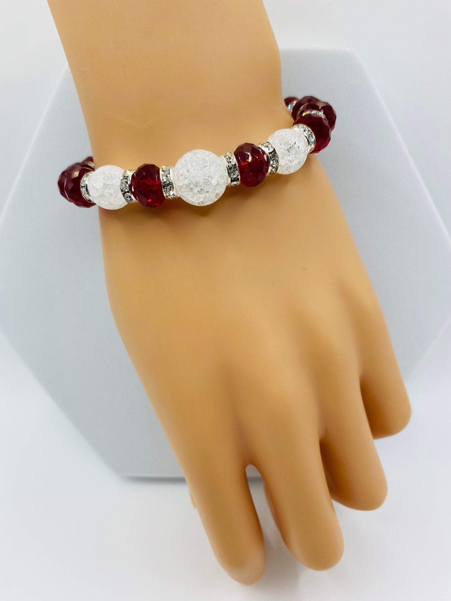Red Crystal Glass Bracelet: Crackle Quartz Gemstone, Rhinestone Rondelles