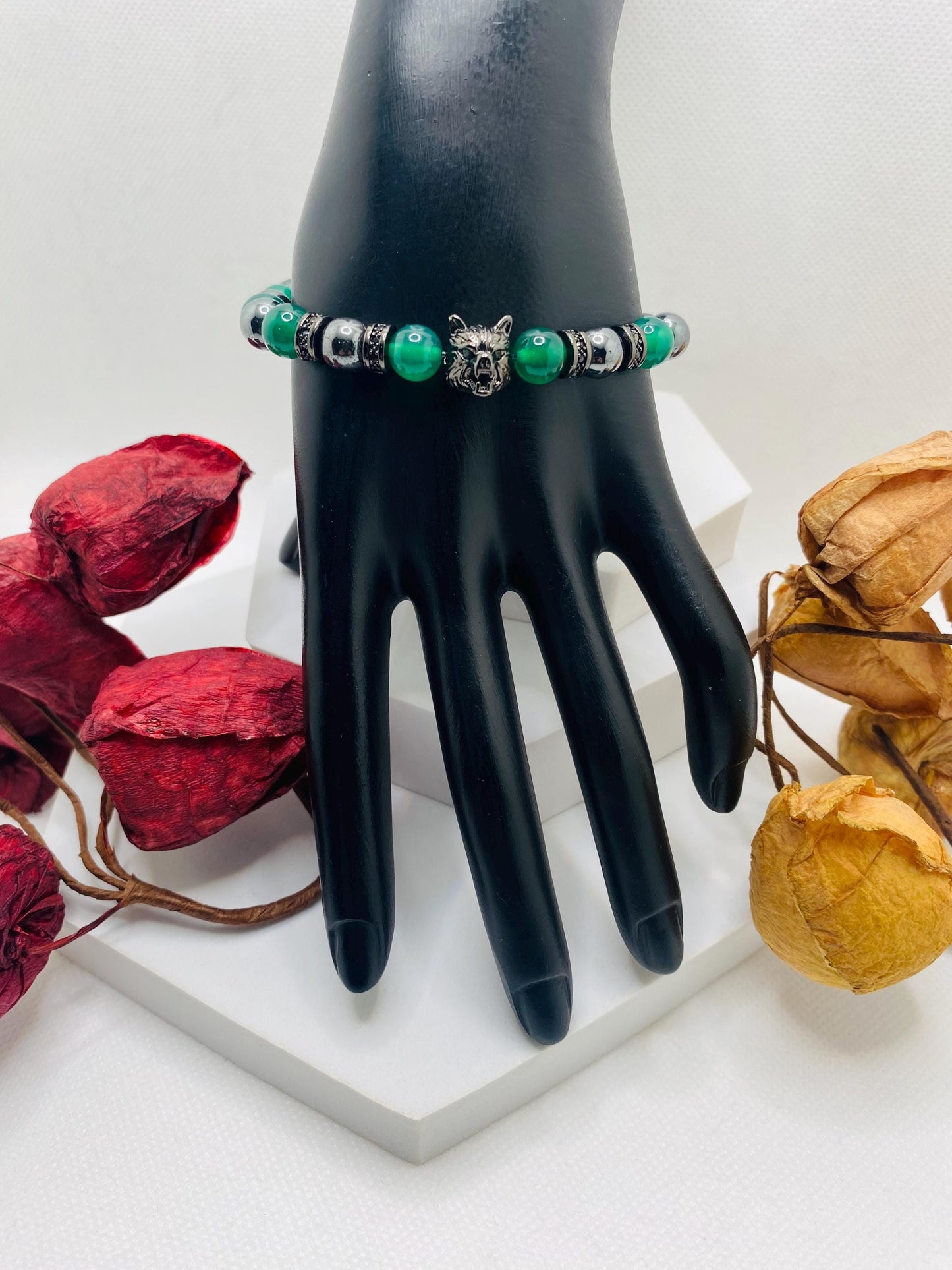 Black Wolf Charm Bracelet: Jade & Hematite Gemstone Beads