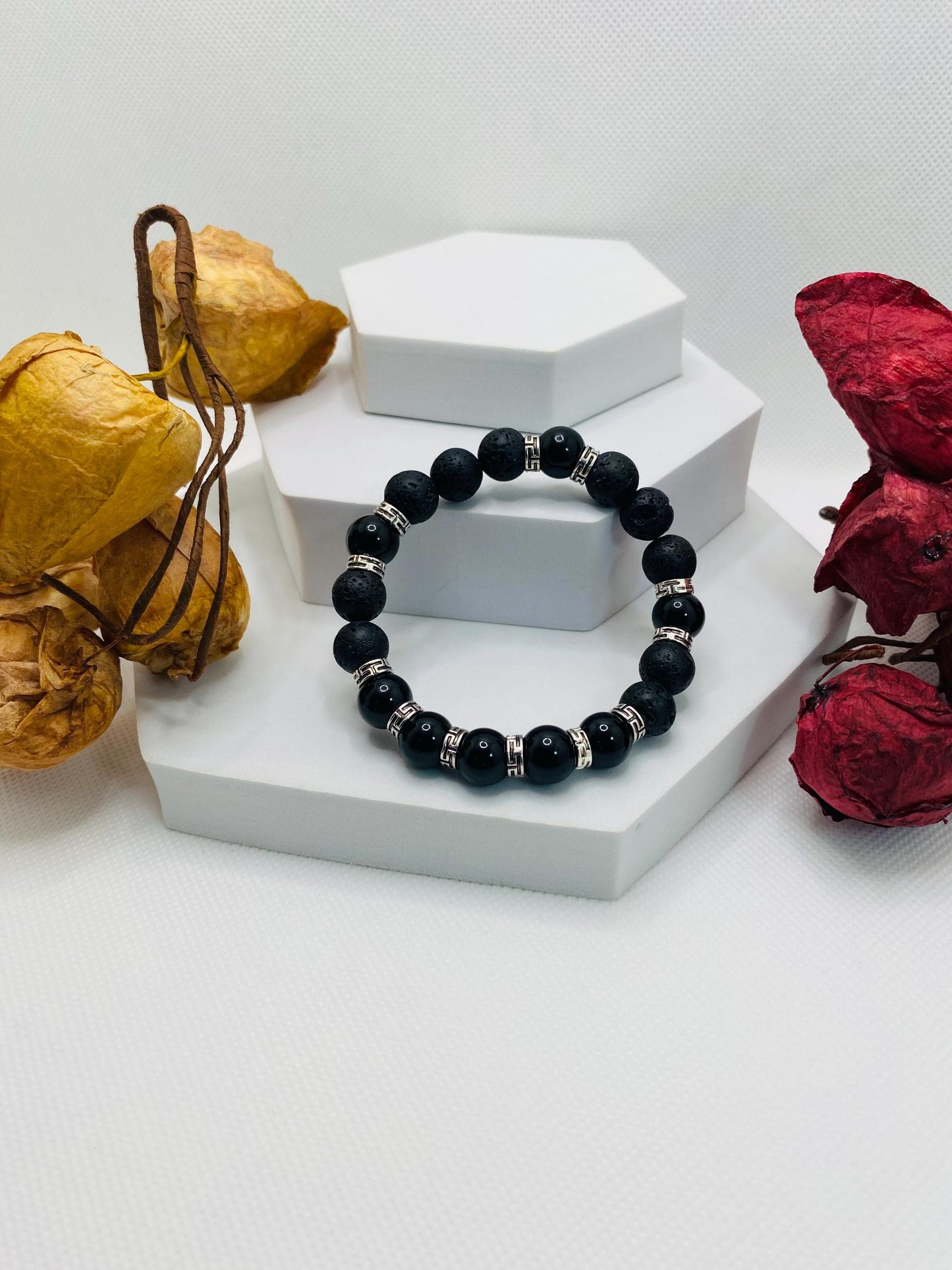 Black Onyx & Lava Rock Bracelet with Tibetan Spacers