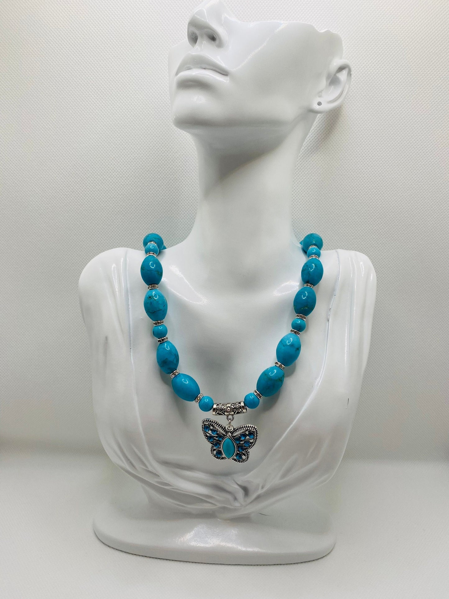 Turquoise Necklace: Butterfly Pendant, Rhinestone Accents