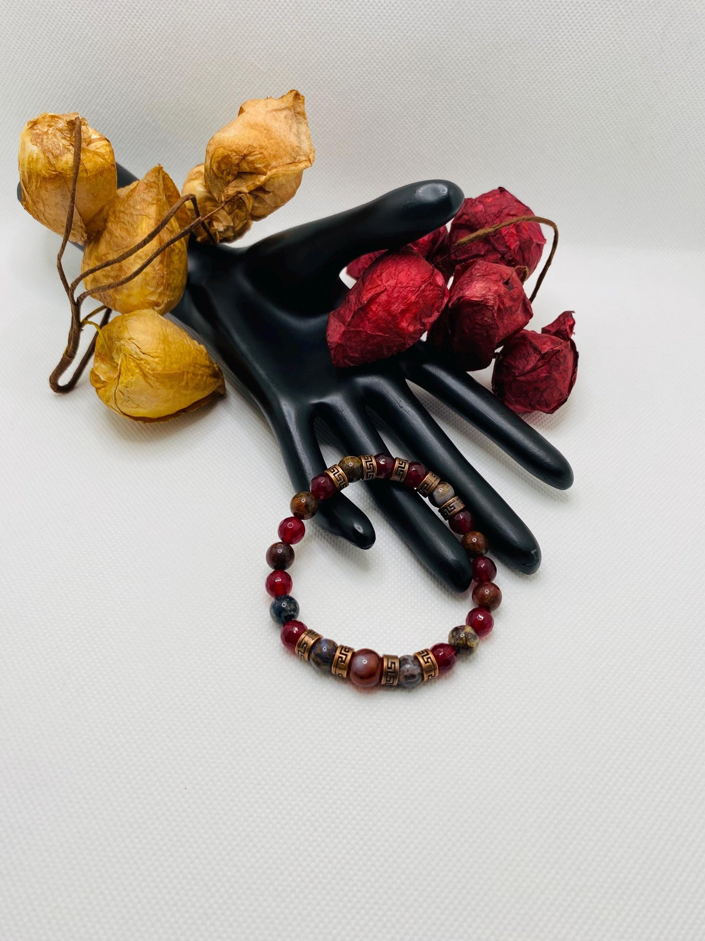 Carnelian Bracelet: Natural Pietersite, Agate, and Tibetan Spacers